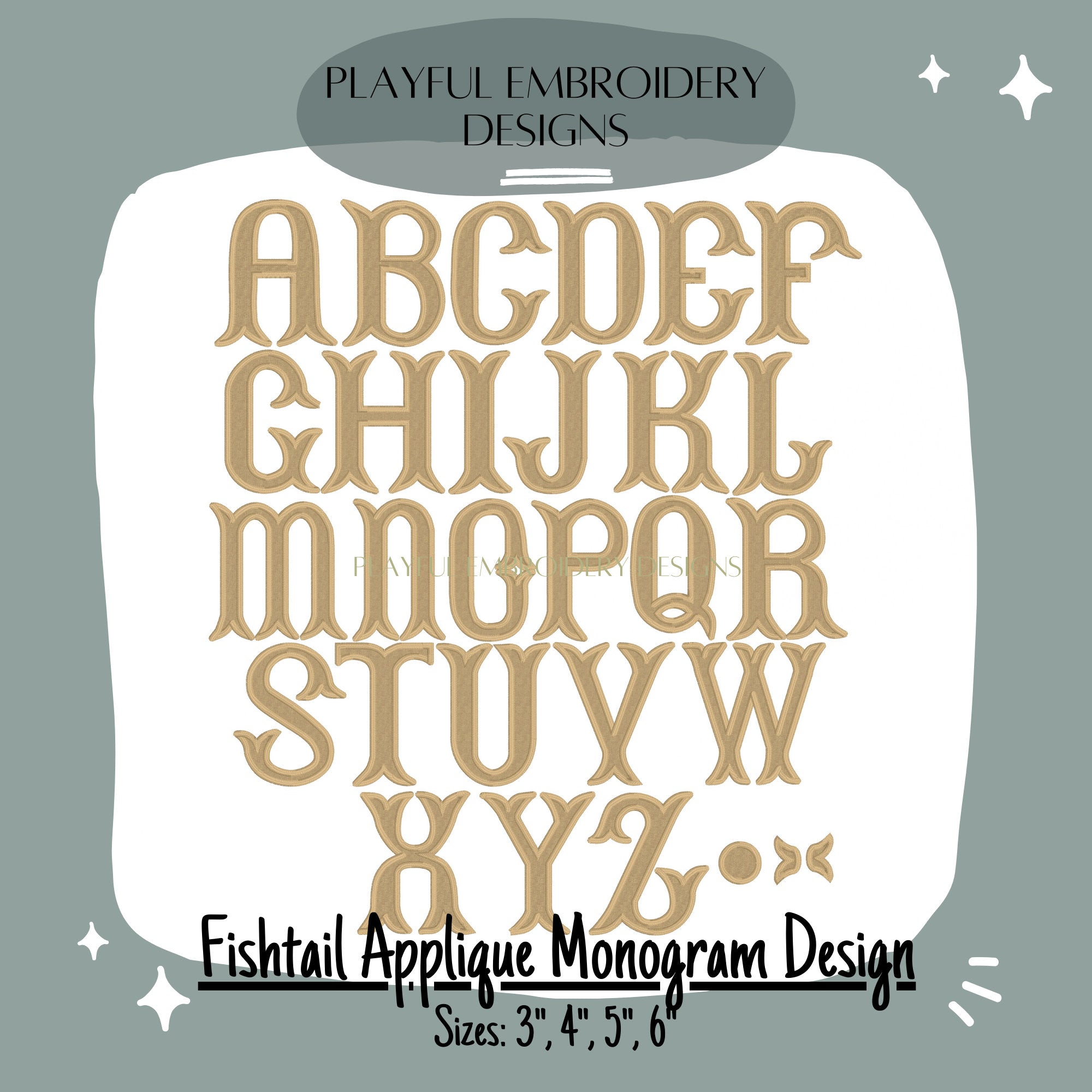 Fishtail Applique Monogram Design, Satin Stitch Fishtail Applique Machine Embroidery Font, 3", 4", 5", 6" font size, BX Monogram Font