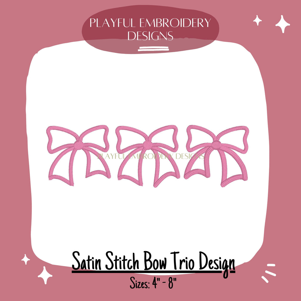 Satin Stitch Bow Trio Design, Bow Trio Machine Embroidery Design, Vintage Bow Design