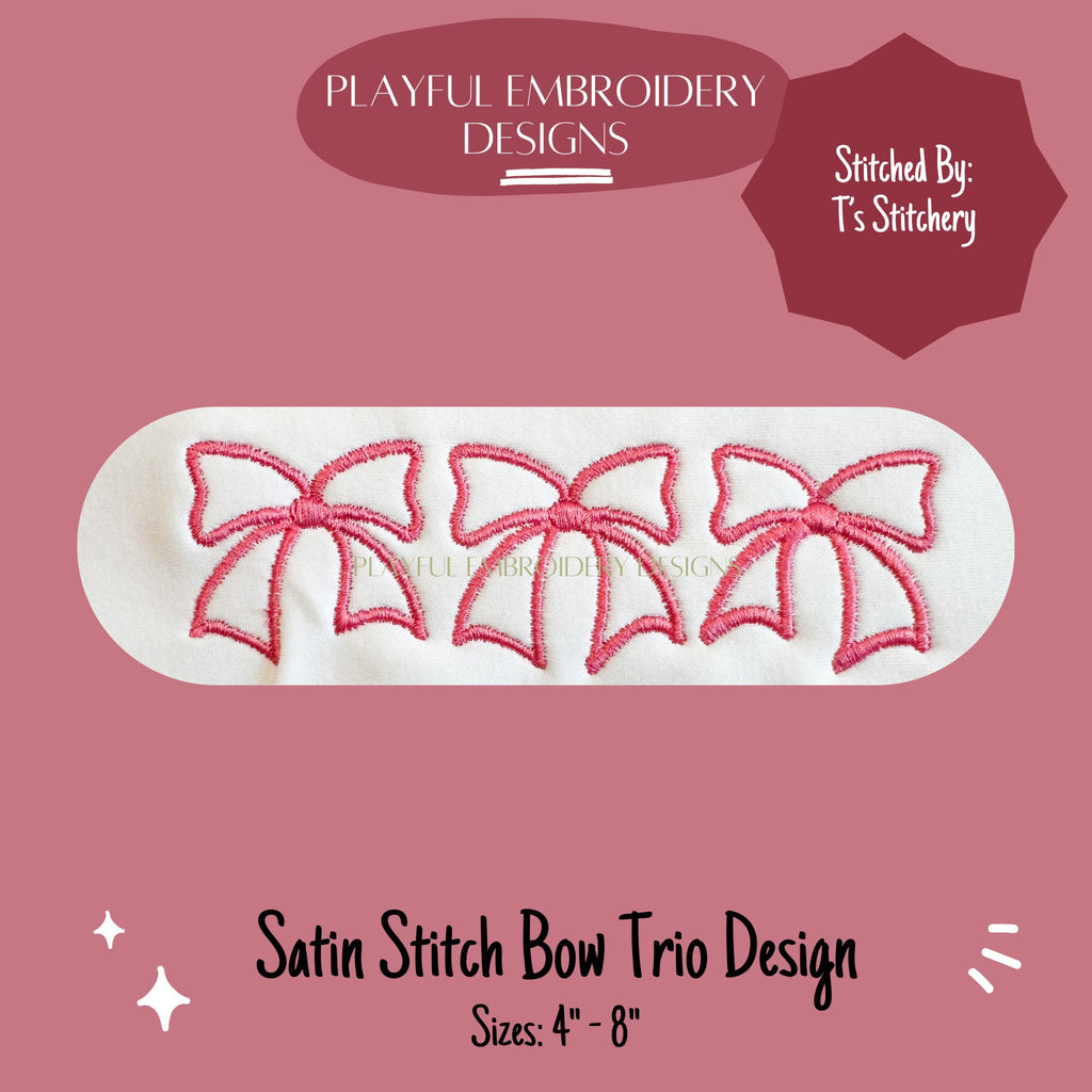 Satin Stitch Bow Trio Design, Bow Trio Machine Embroidery Design, Vintage Bow Design