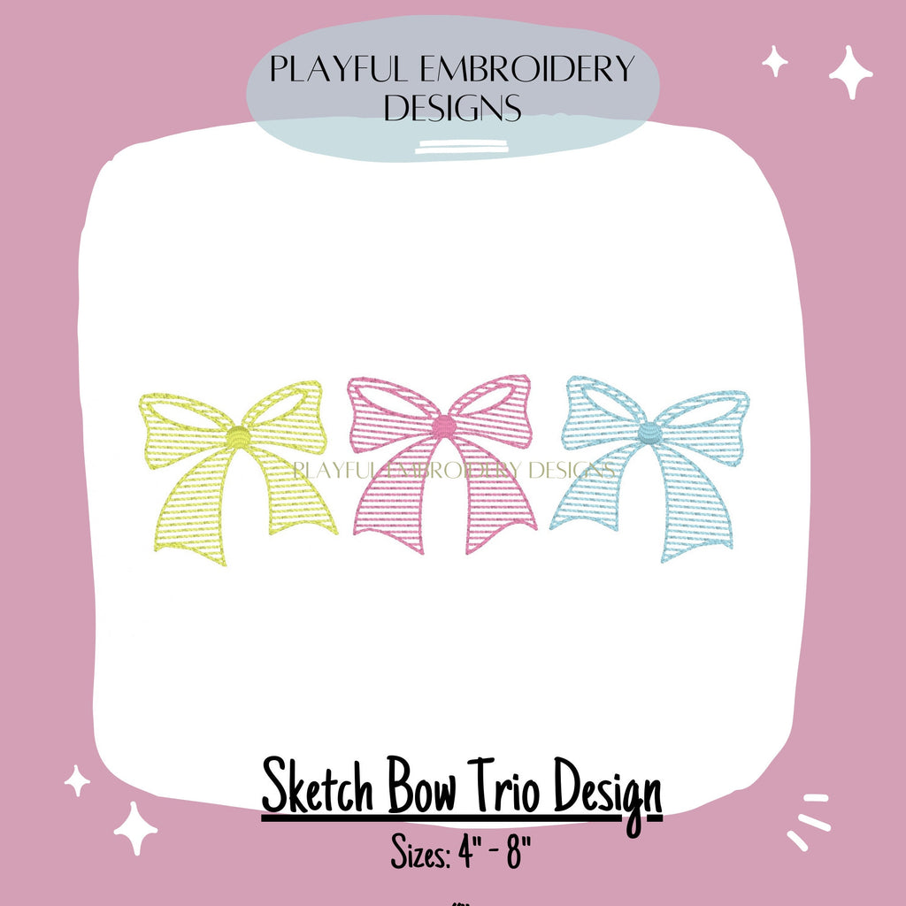 Bow Sketch Trio Machine Embroidery Design, Sketch Bow Trio Design, Vintage Bow Design