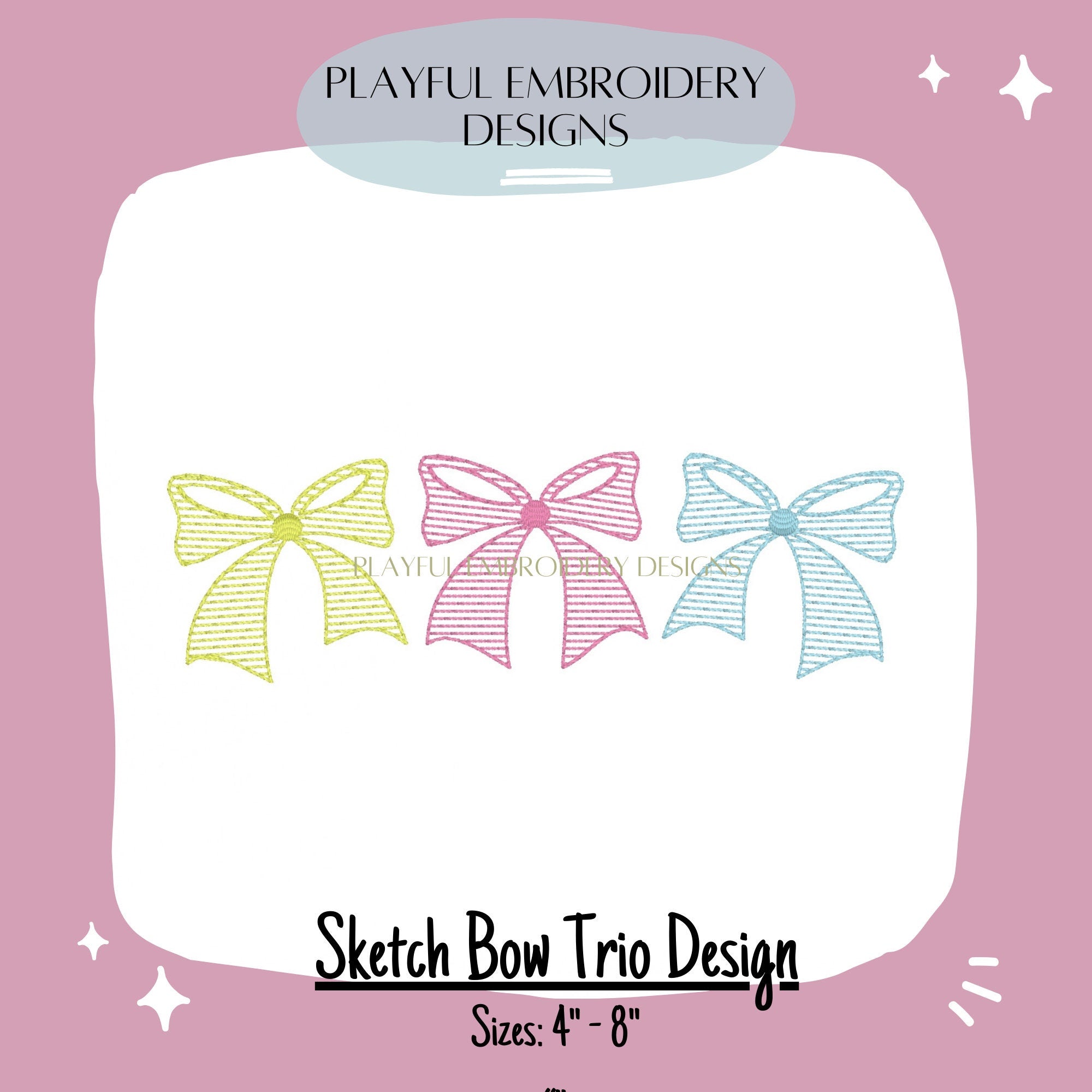 Bow Sketch Trio Machine Embroidery Design, Sketch Bow Trio Design, Vintage Bow Design
