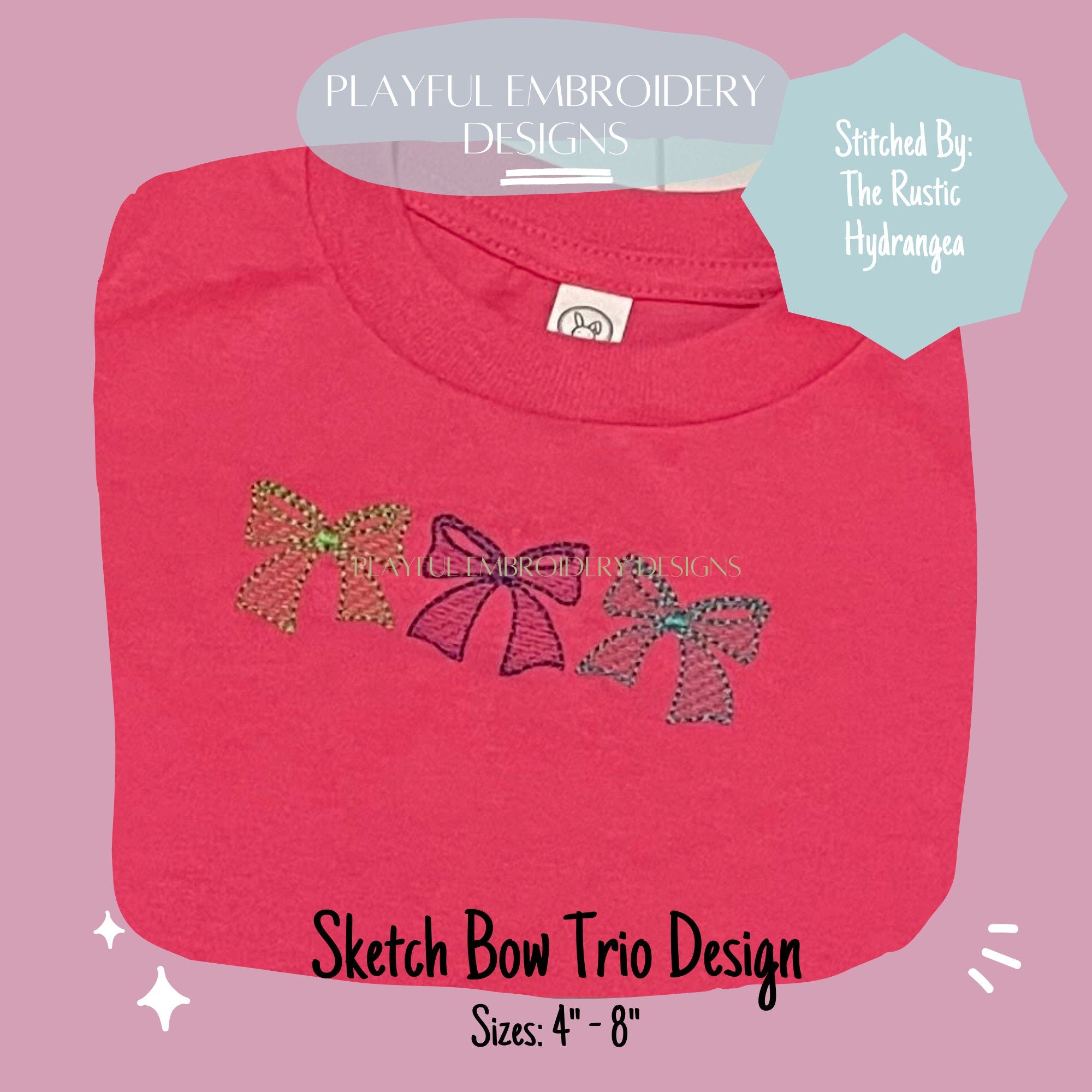 Bow Sketch Trio Machine Embroidery Design, Sketch Bow Trio Design, Vintage Bow Design