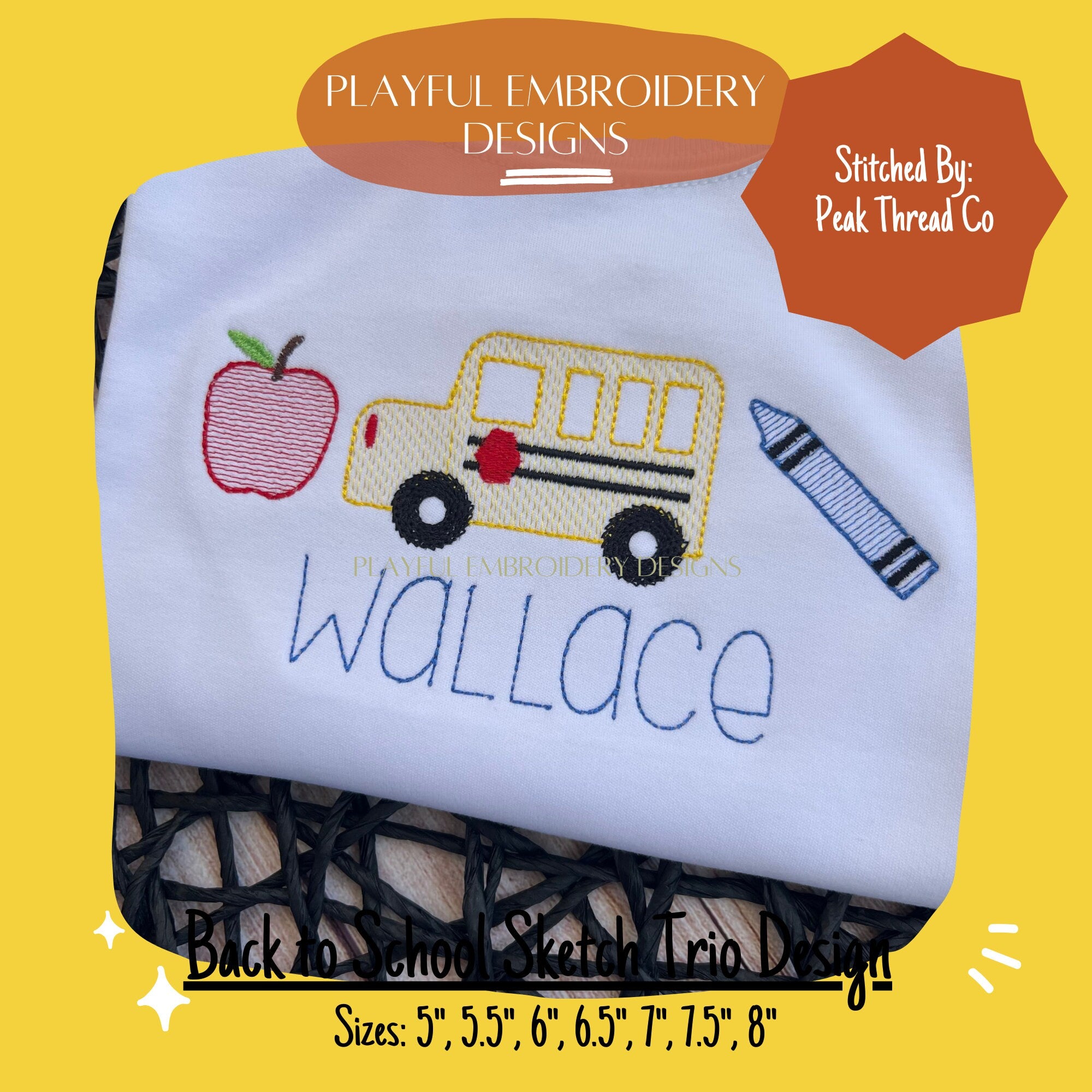 Back to School Sketch Trio Machine Embroidery Design, Back to School Sketch Design, School Trio Design, School Bus Sketch Design