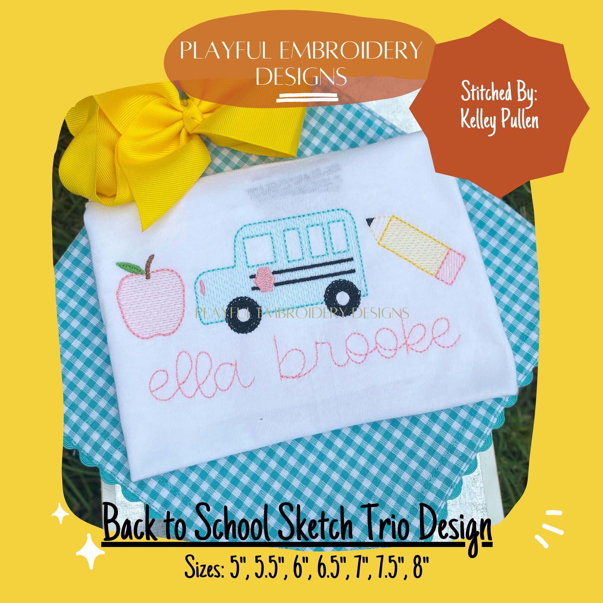 Back to School Sketch Trio Machine Embroidery Design, Back to School Sketch Design, School Trio Design, School Bus Sketch Design