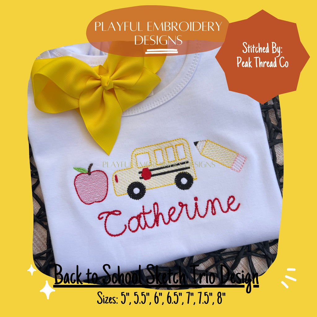 Back to School Sketch Trio Machine Embroidery Design, Back to School Sketch Design, School Trio Design, School Bus Sketch Design
