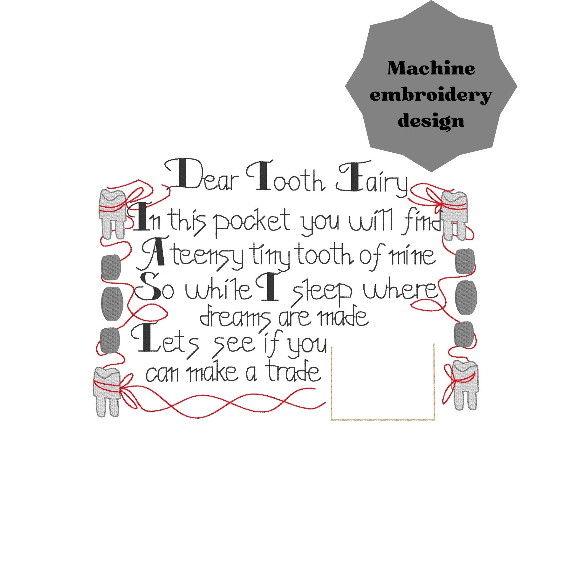 Tooth Fairy Pillow Embroidery Design, 5x7, Vintage Inspired Tooth Fairy Pillow Front, Machine Embroidery Design