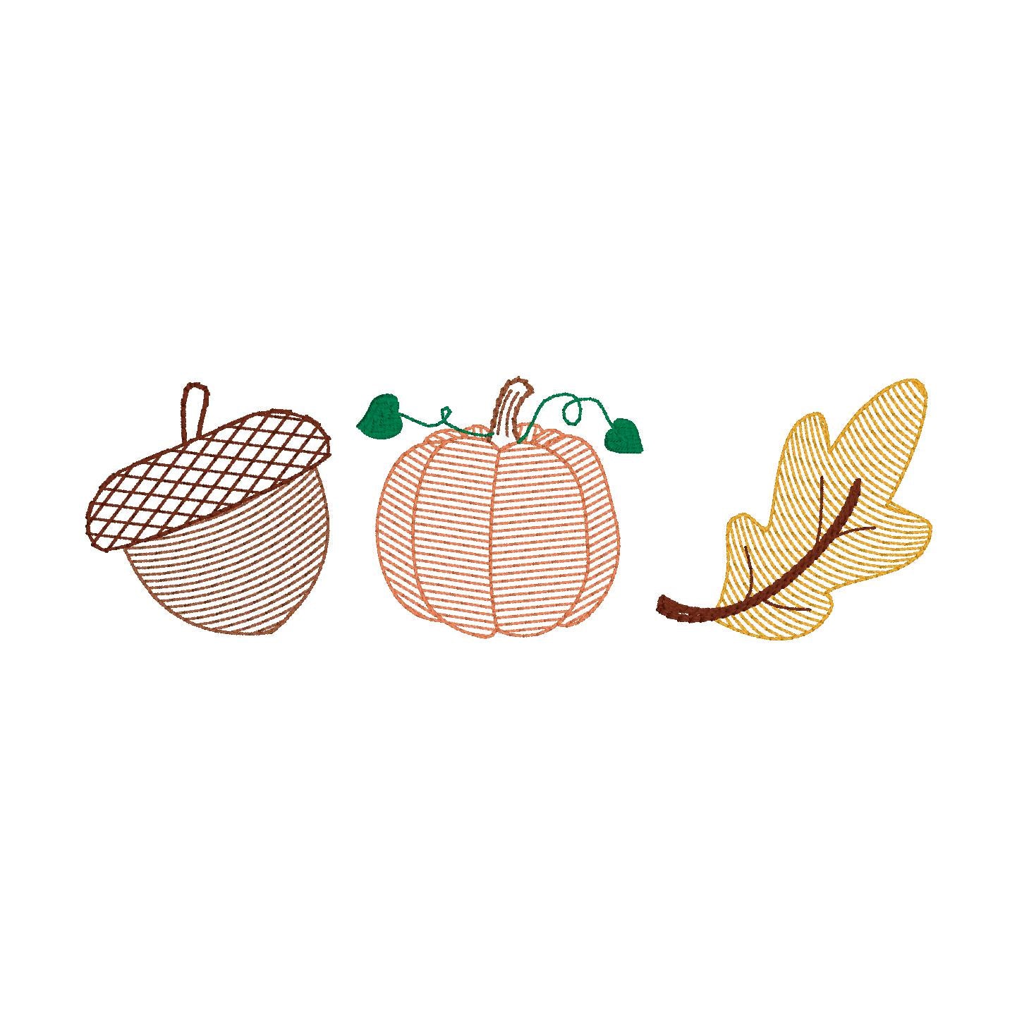 Fall Sketch Trio Machine Embroidery Design, Acorn Sketch, Pumpkin Sketch, Leaf Sketch, Fall Trio Design, Autumn Sketch Trio Design