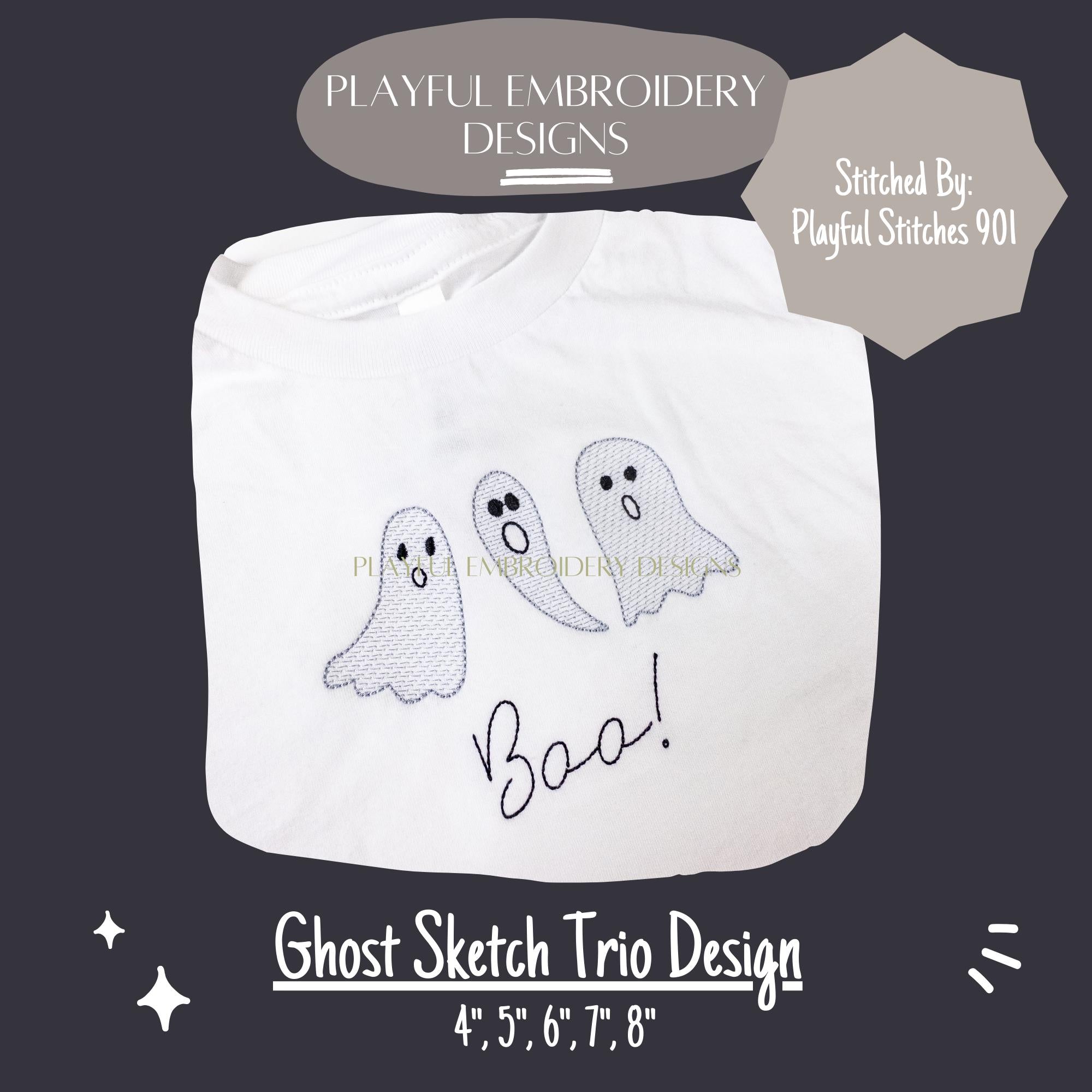 Ghost Sketch Trio Machine Embroidery Design, Sketch Ghost Design, Ghost Trio Embroidery Design, Friendly Ghost, Digitial Download