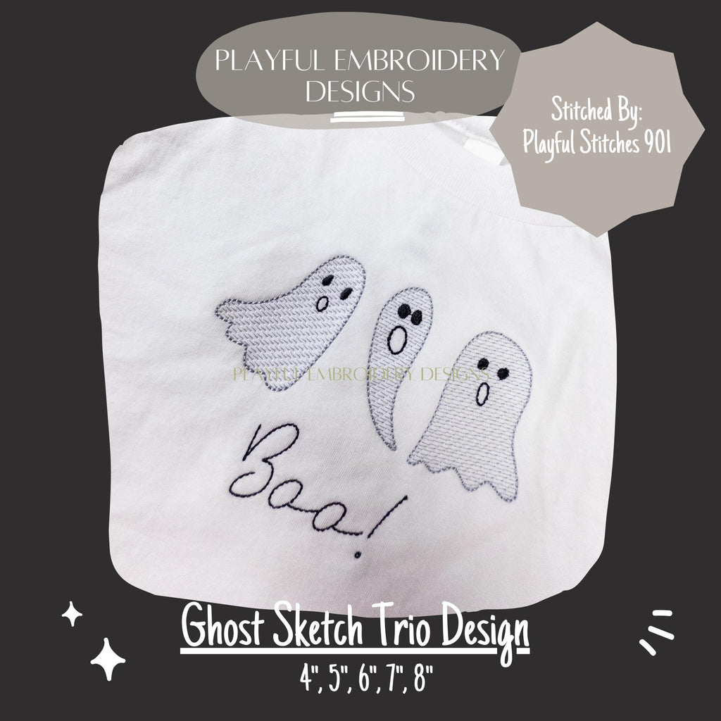 Ghost Sketch Trio Machine Embroidery Design, Sketch Ghost Design, Ghost Trio Embroidery Design, Friendly Ghost, Digitial Download
