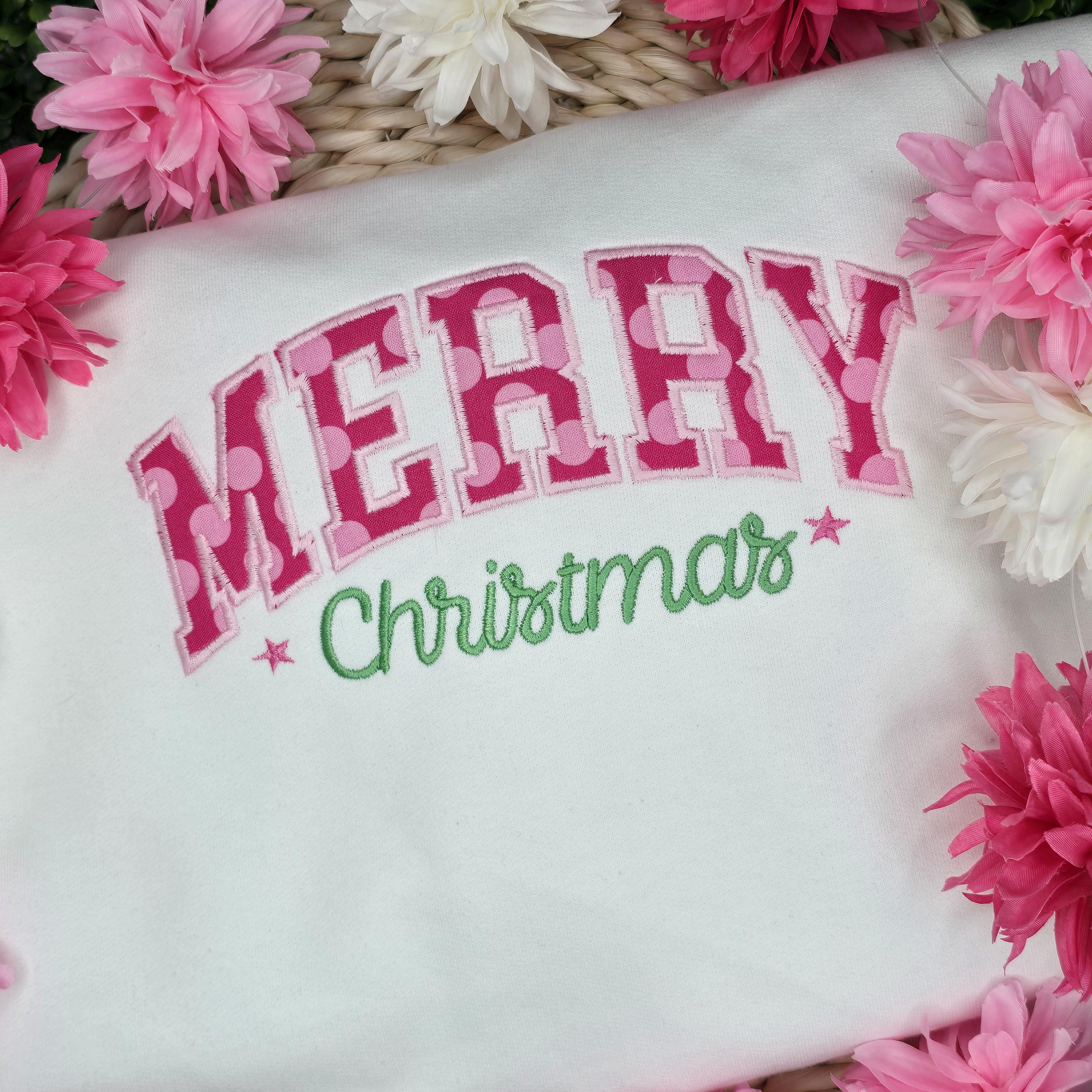 Merry Christmas Applique Machine Embroidery Design, Varsity Merry Christmas Applique Design, Christmas Sweatshirt Applique Design, One Color