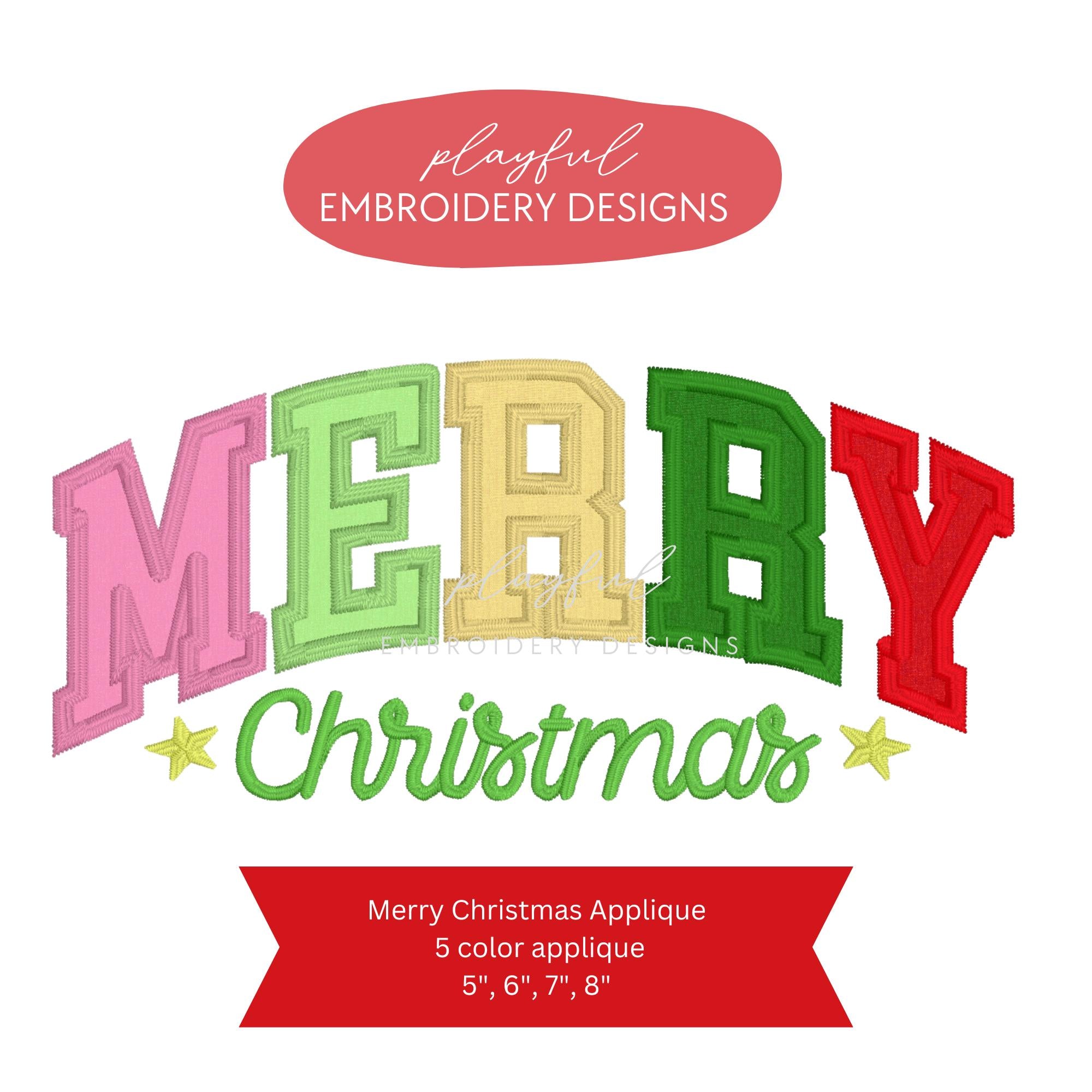 Merry Christmas Applique Machine Embroidery Design, Varsity Merry Christmas Applique Design, Christmas Sweatshirt Applique, Multi Color