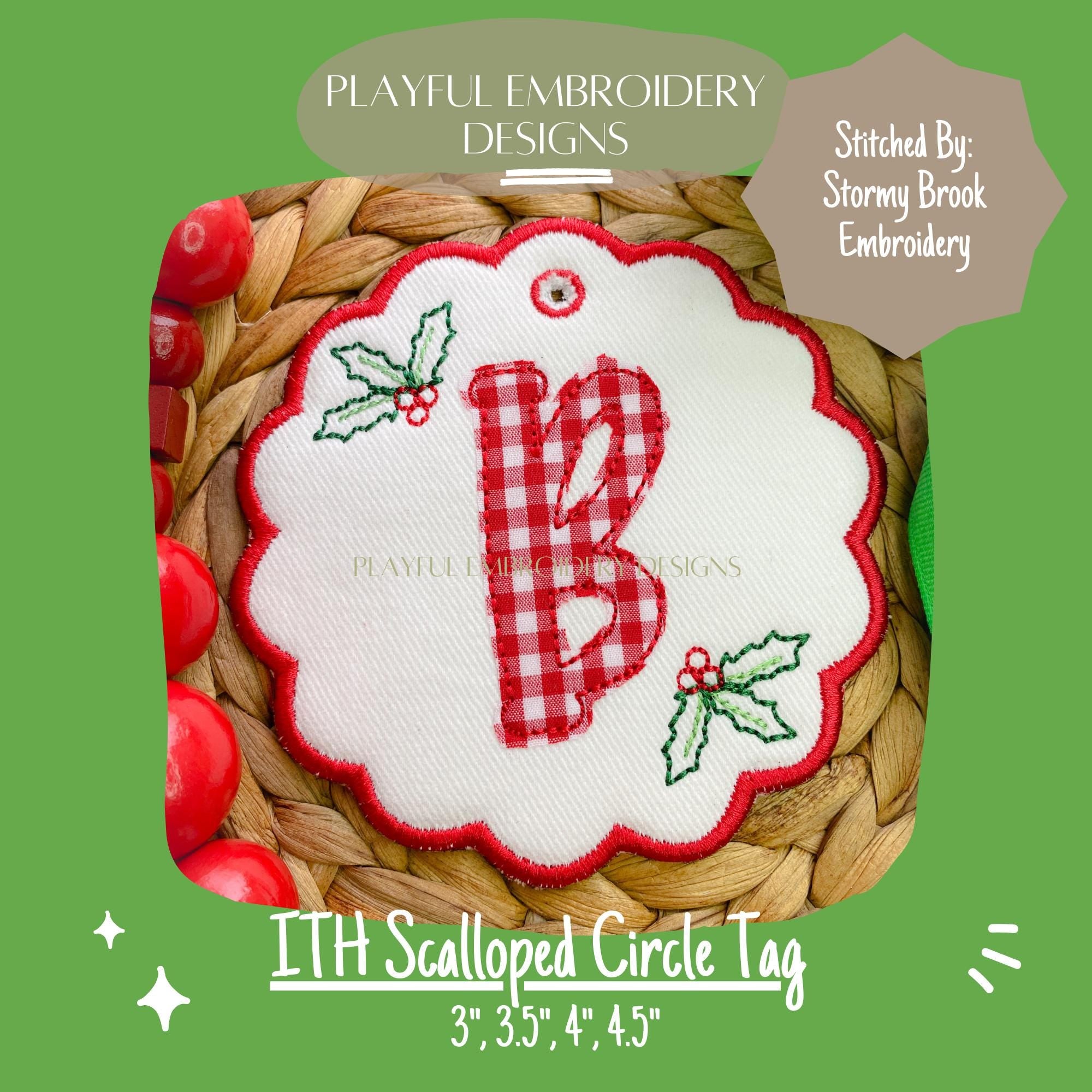 In The Hoop Scallop Circle Bag Tag or Ornament Machine Embroidery Design, Simple ITH Bag Tag, 4x4, Scalloped Bag Tag, Scalloped Ornament ITH
