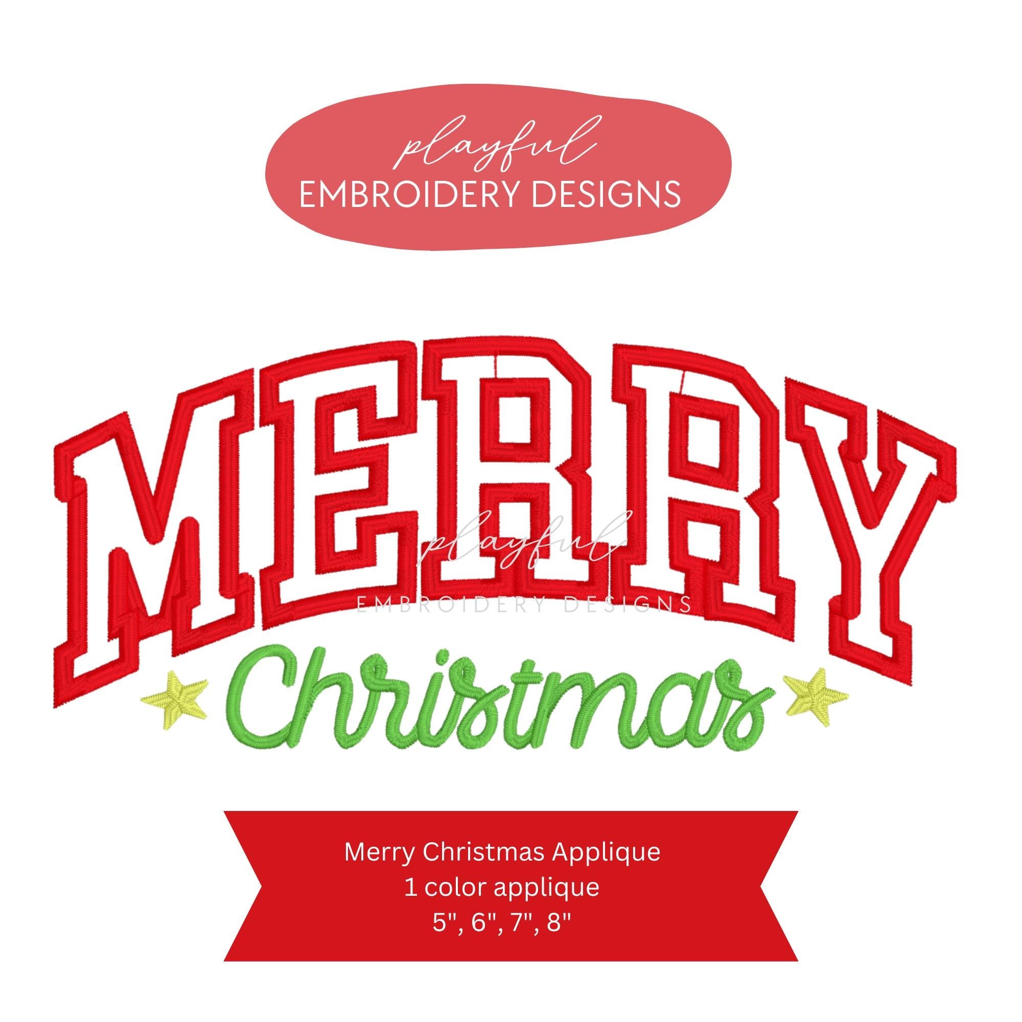 Merry Christmas Applique Machine Embroidery Design, Varsity Merry Christmas Applique Design, Christmas Sweatshirt Applique Design, One Color