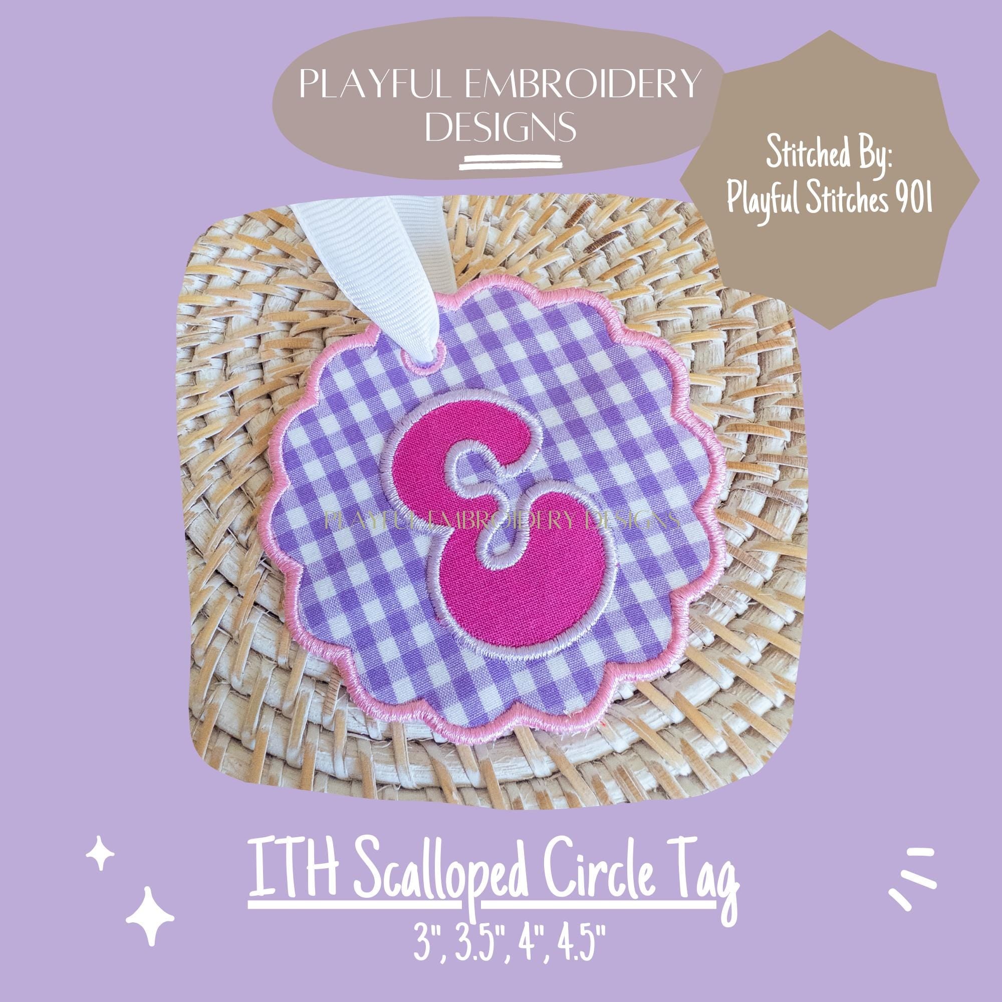 In The Hoop Scallop Circle Bag Tag or Ornament Machine Embroidery Design, Simple ITH Bag Tag, 4x4, Scalloped Bag Tag, Scalloped Ornament ITH