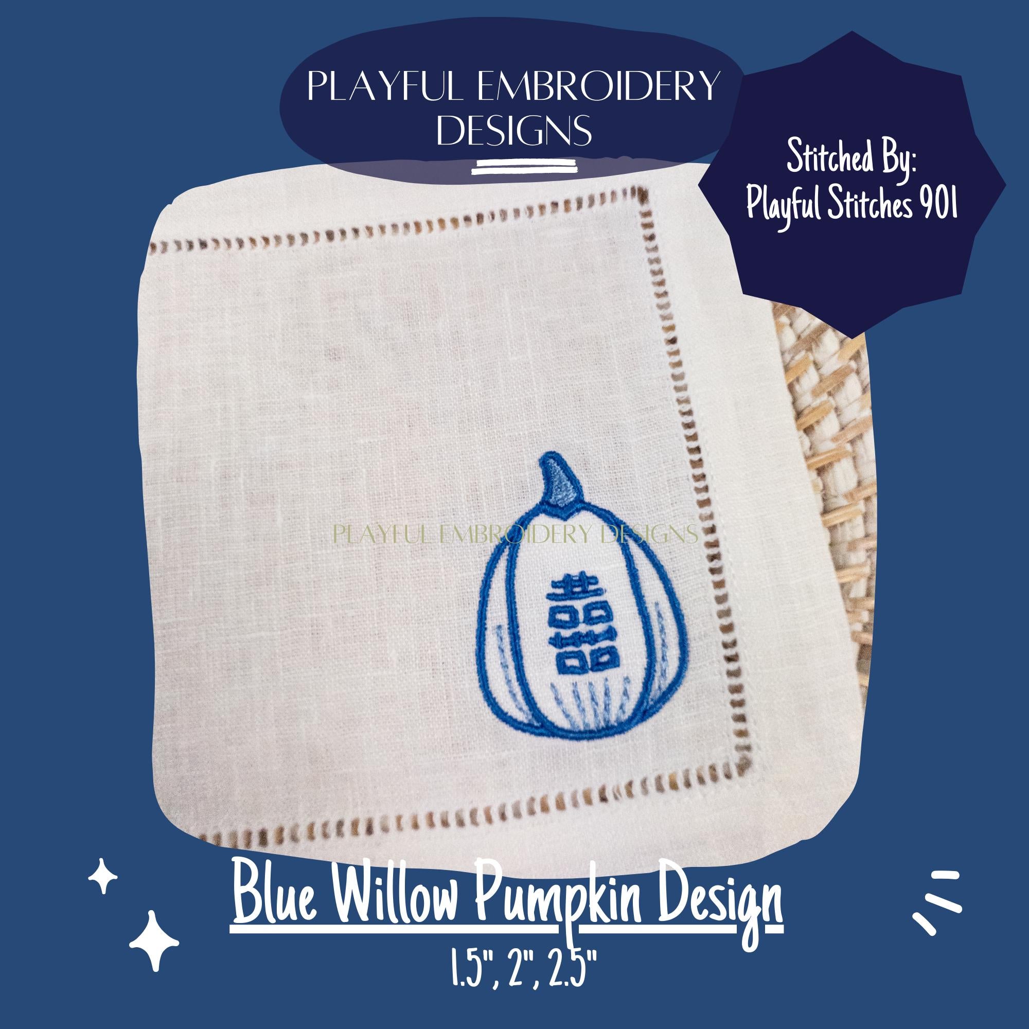 Double Happiness Pumpkin Machine Embroidery Design, Chinoiserie Pumpkin Embroidery Design, Blue Willow Pumpkin Design