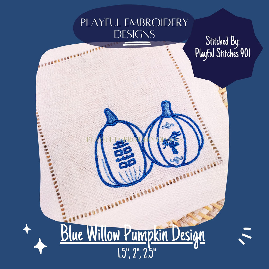 Double Happiness Pumpkin Machine Embroidery Design, Chinoiserie Pumpkin Embroidery Design, Blue Willow Pumpkin Design