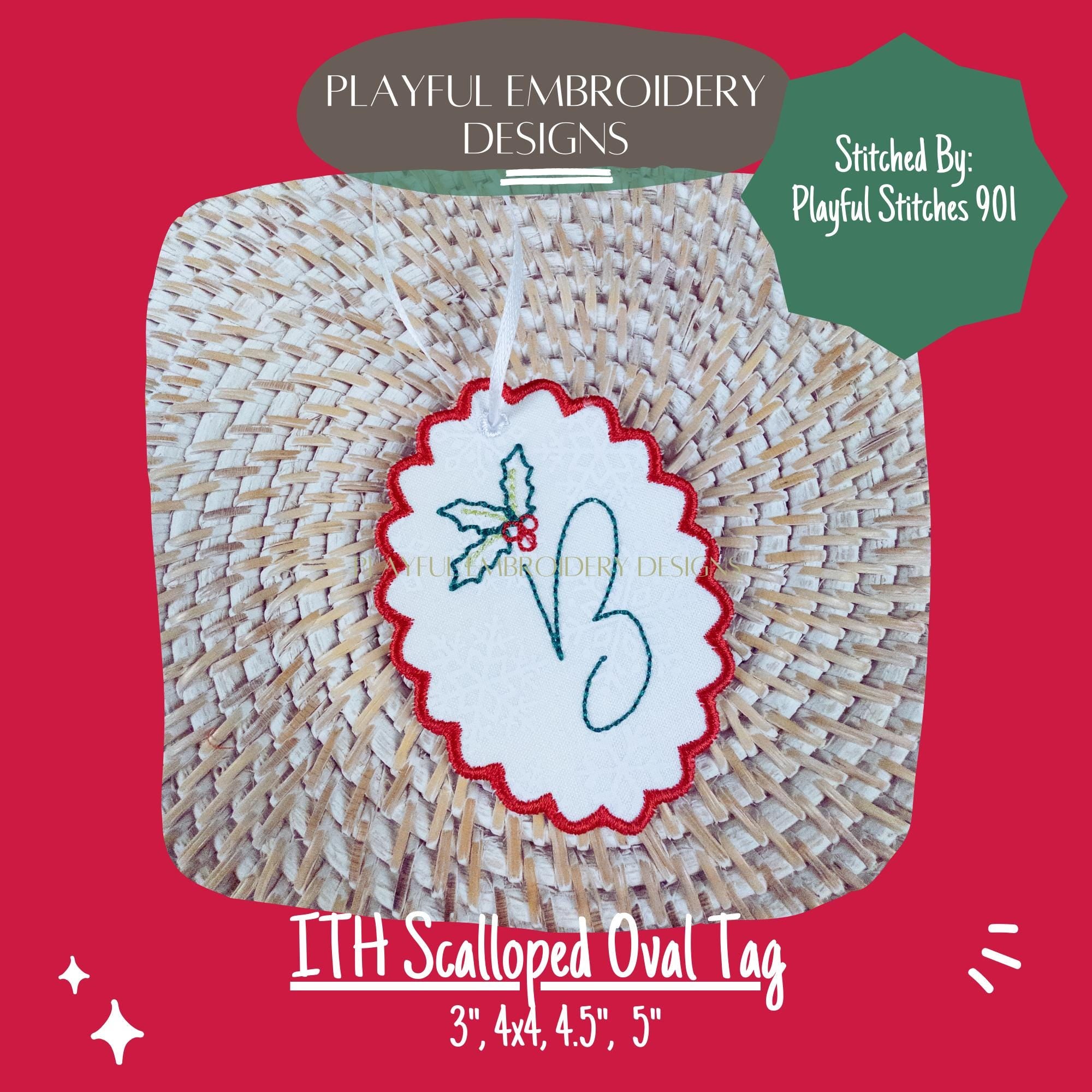 In The Hoop Scallop Oval Bag Tag or Ornament Machine Embroidery Design, Simple ITH Bag Tag, Gift Tag, 4x4, Scalloped Bag Tag