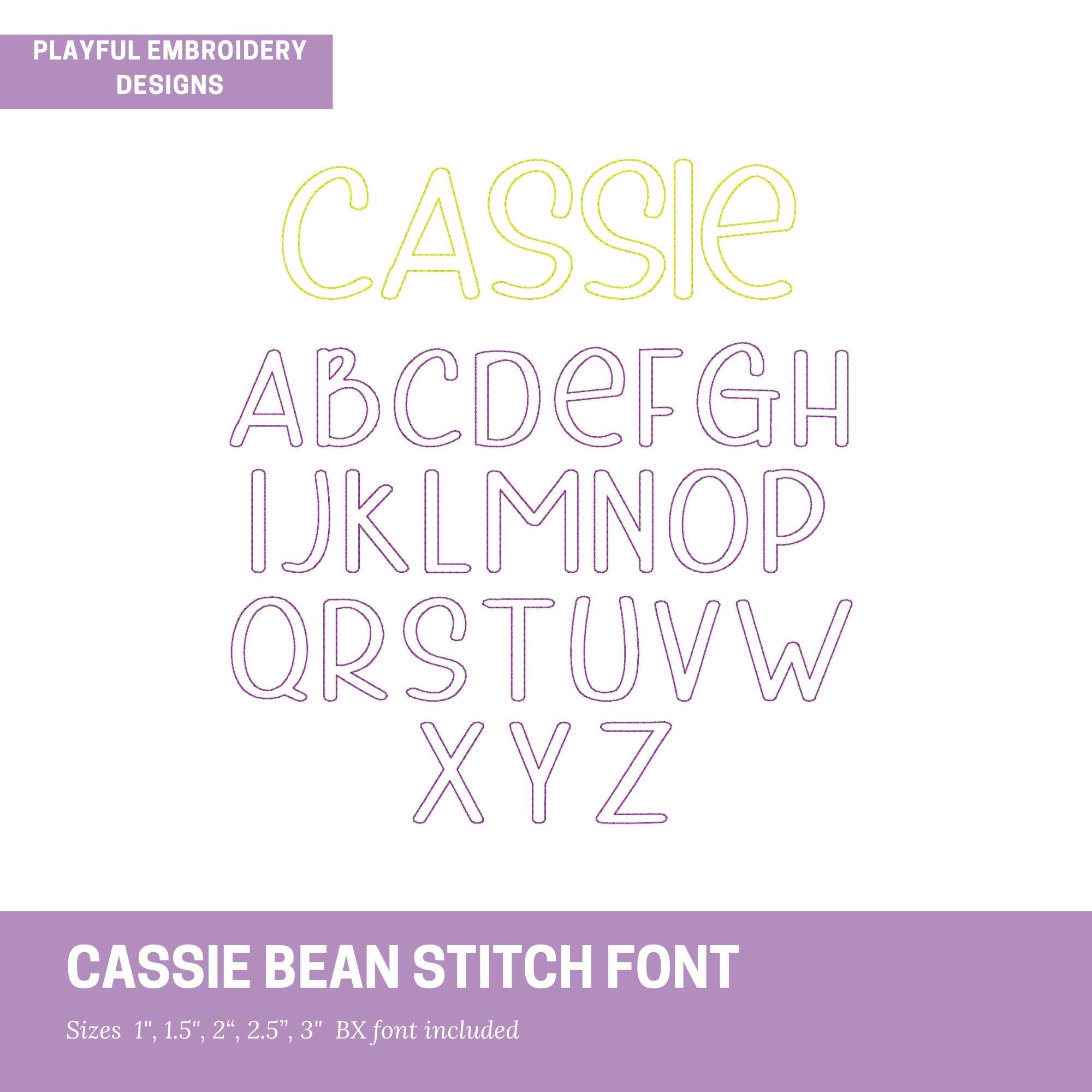 Cassie Bean Stitch Outline Font Design, Bean Stitch Machine Embroidery Font, 1", 1.5", 2", 2.5", 3" font size, BX Monogram Font, Boy Font