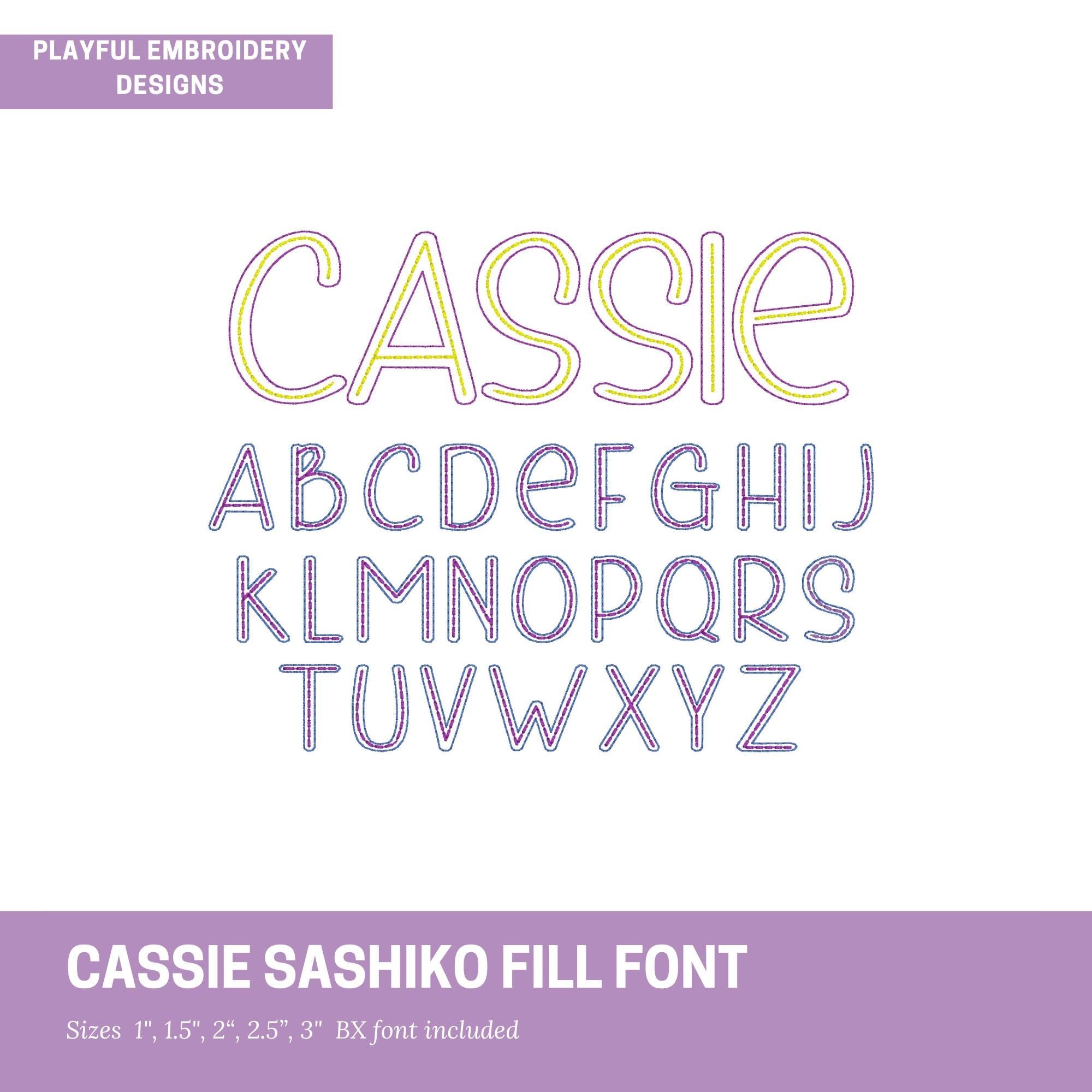 Cassie Sashiko Fill Outline Font Design, Bean Stitch Machine Embroidery Font, 1", 1.5", 2", 2.5", 3" font size, BX Monogram Font