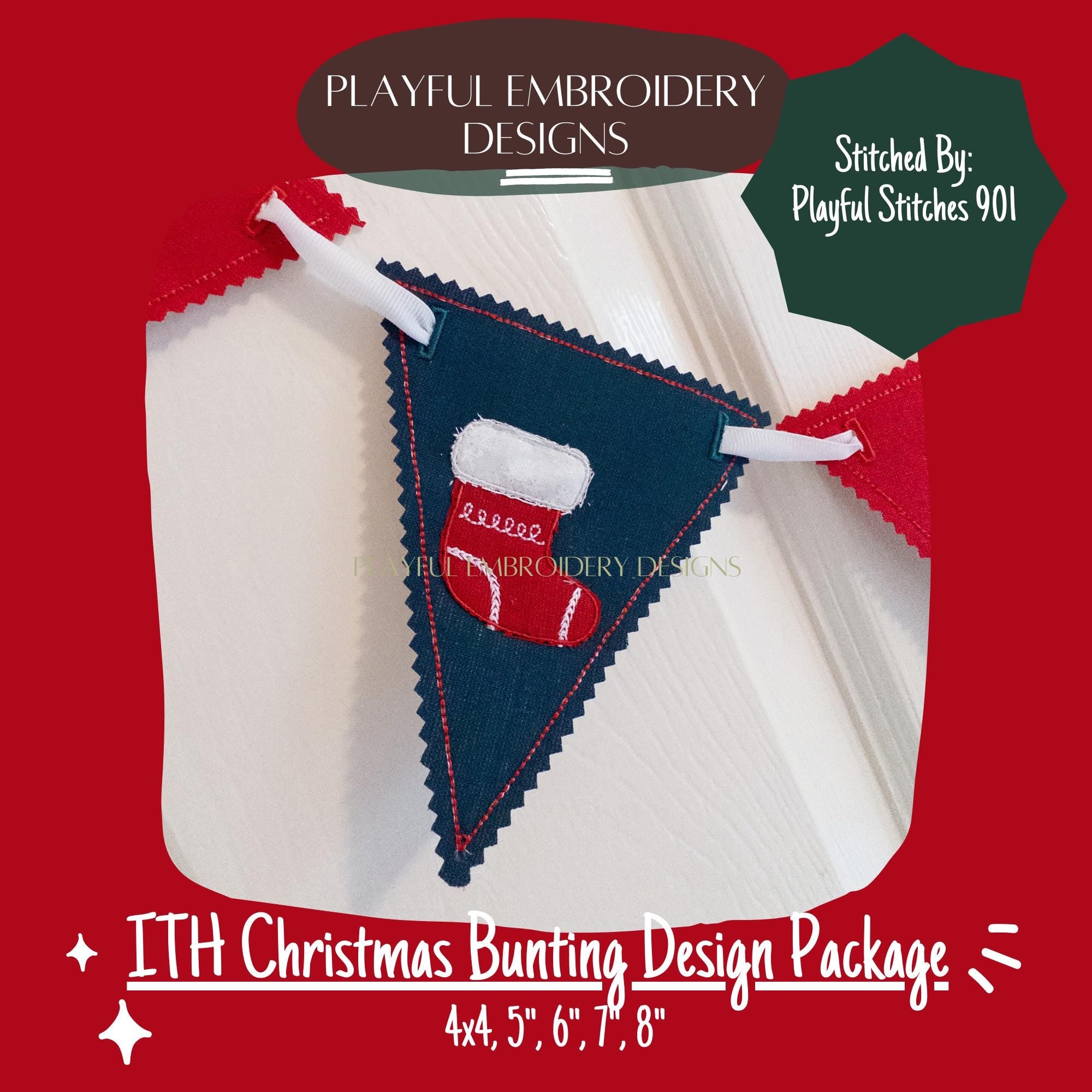 In The Hoop Christmas Bunting Machine Embroidery Design, Christmas ITH Banner Package, 4x4, 5x7, 6x10, 8x8, Christmas Banner Package, ITH