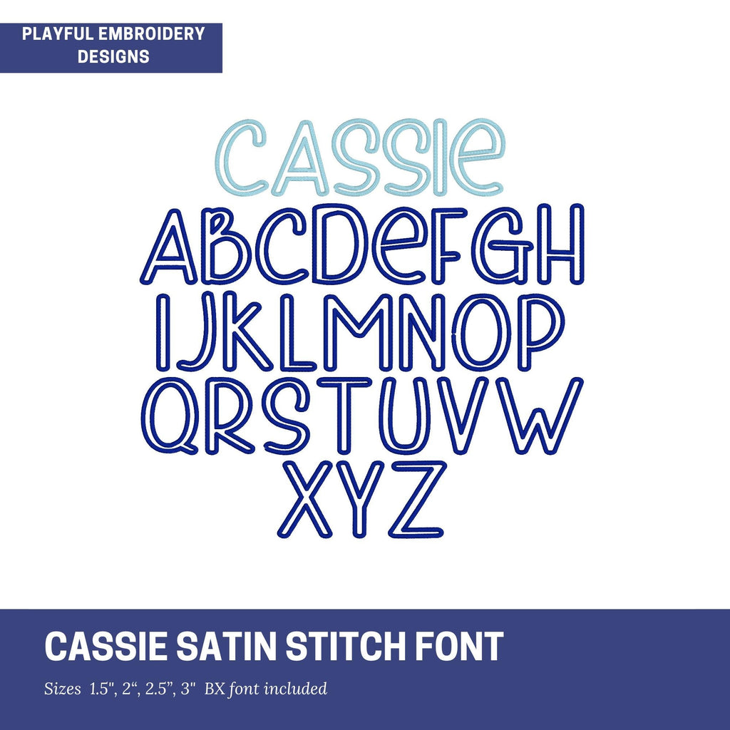 Cassie Satin Stitch Outline Font Design, Satin Stitch Machine Embroidery Font,  1.5", 2", 2.5", 3" font size, BX Font, Type Font, Print Font