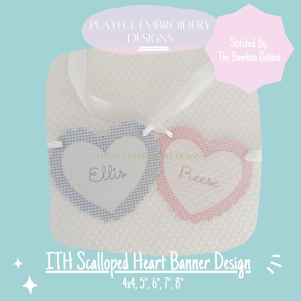 In The Hoop Scalloped Heart Banner Machine Embroidery Design, ITH Bean Stitch Scalloped Heart Banner Design, ITH Valentine Banner