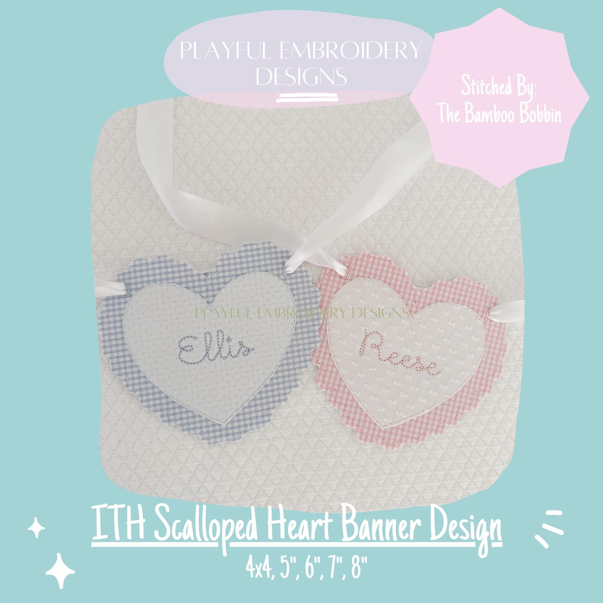 In The Hoop Scalloped Heart Banner Machine Embroidery Design, ITH Bean Stitch Scalloped Heart Banner Design, ITH Valentine Banner