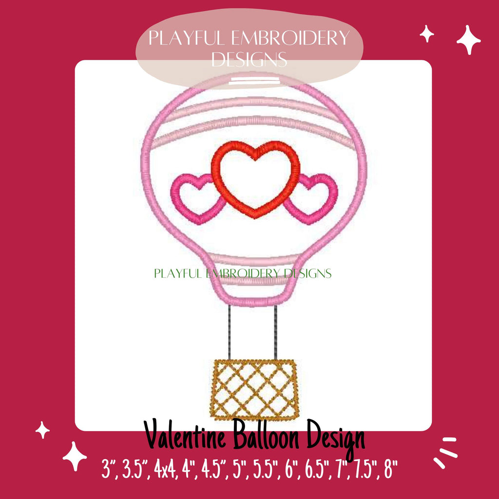Valentine Hot Air Balloon Machine Embroidery Design, Satin Stitch Balloon with Hearts Design, Valentine Hot Air Balloon Embroidery Design
