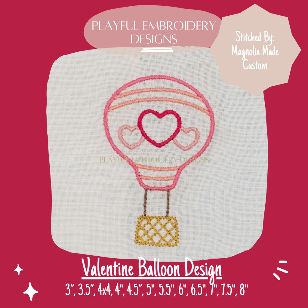 Valentine Hot Air Balloon Machine Embroidery Design, Satin Stitch Balloon with Hearts Design, Valentine Hot Air Balloon Embroidery Design