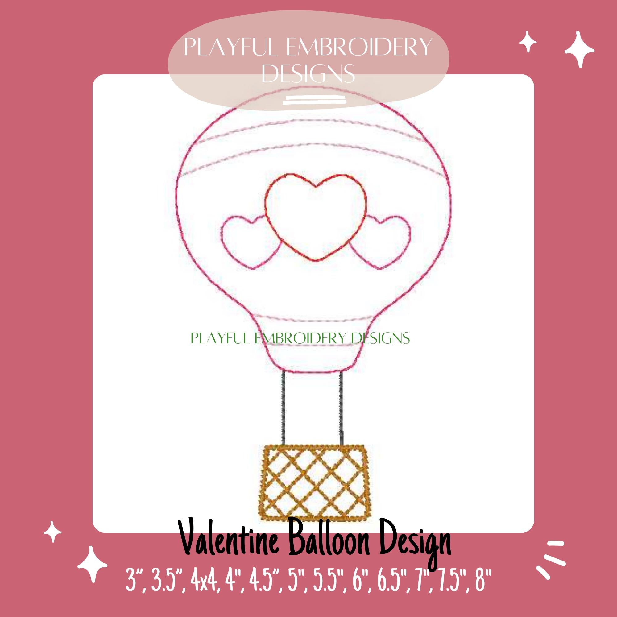 Valentine Hot Air Balloon Machine Embroidery Design, Bean Stitch Balloon with Hearts Design, Valentine Hot Air Balloon Embroidery Design
