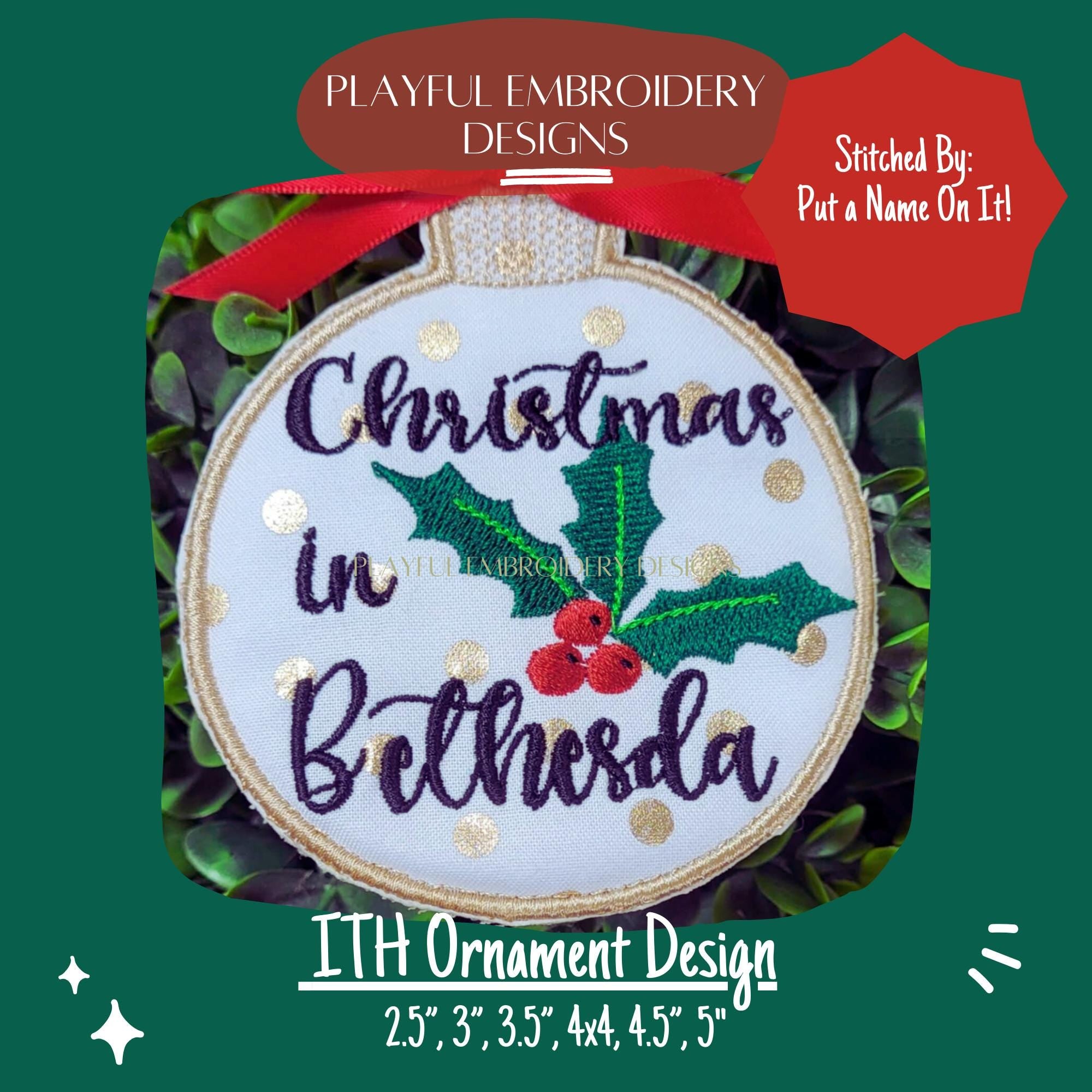 In The Hoop Ornament Machine Embroidery Design, Simple ITH Ornament Design, Satin Stitch Ornament, 2.5", 3", 3.5", 4x4 Ornament Design