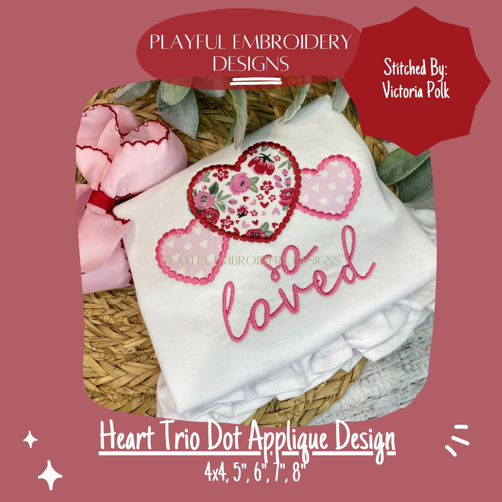 Heart Trio Dot Applique Design, Valentine's Applique Machine Embroidery Design, Heart Trio Embroidery Design, Heart with Dots Applique