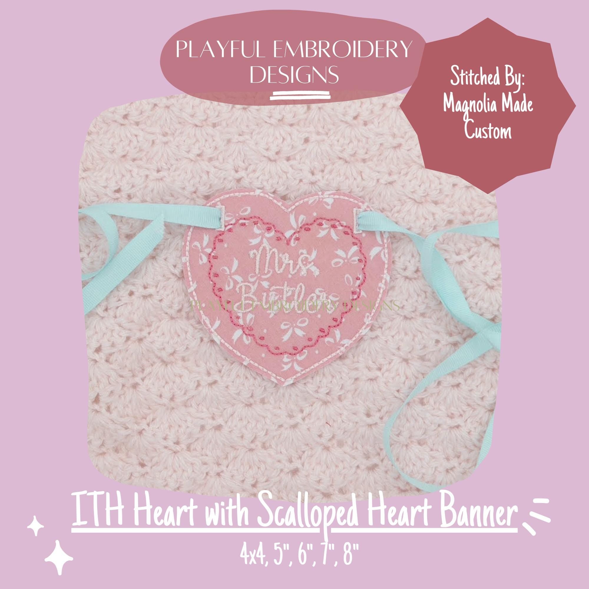 In The Hoop Heart Banner Machine Embroidery Design, ITH Bean Stitch Scalloped Heart Banner Design, ITH Valentine Banner