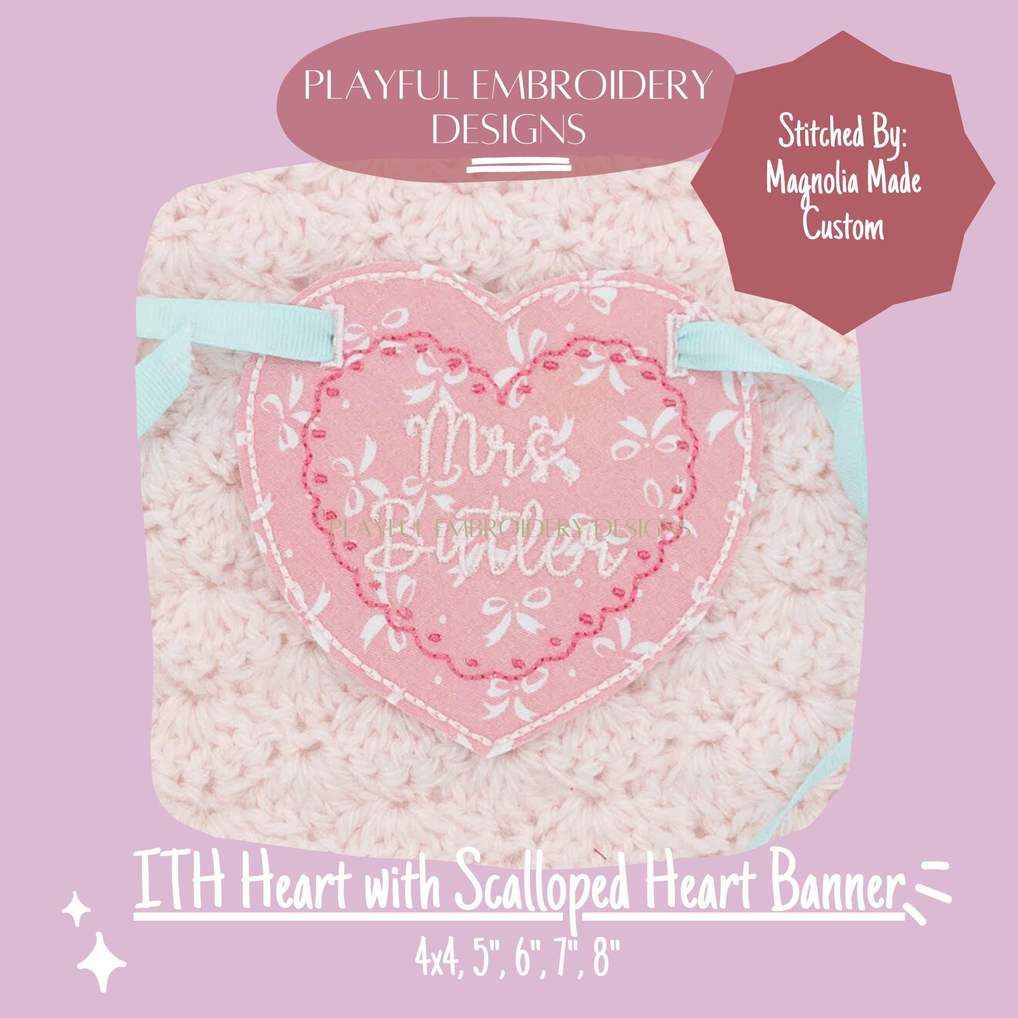 In The Hoop Heart Banner Machine Embroidery Design, ITH Bean Stitch Scalloped Heart Banner Design, ITH Valentine Banner