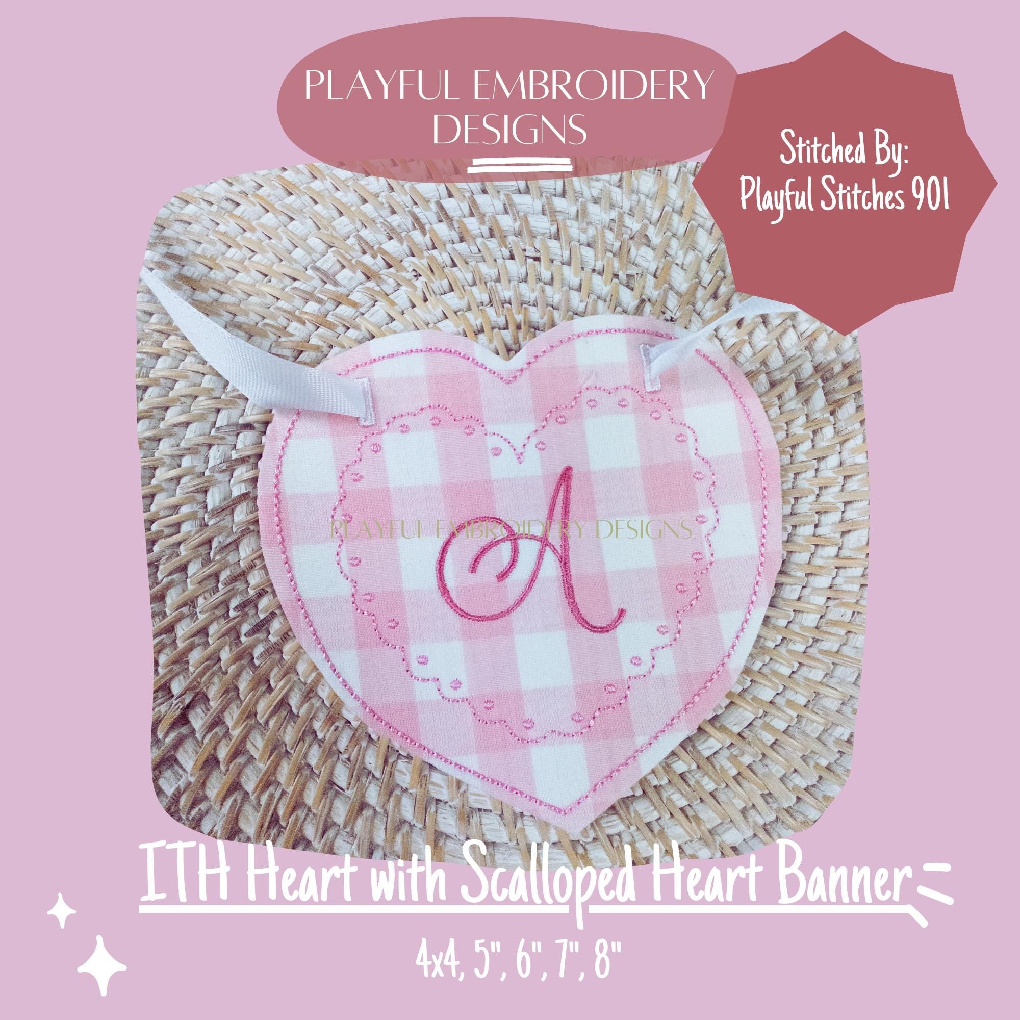 In The Hoop Heart Banner Machine Embroidery Design, ITH Bean Stitch Scalloped Heart Banner Design, ITH Valentine Banner