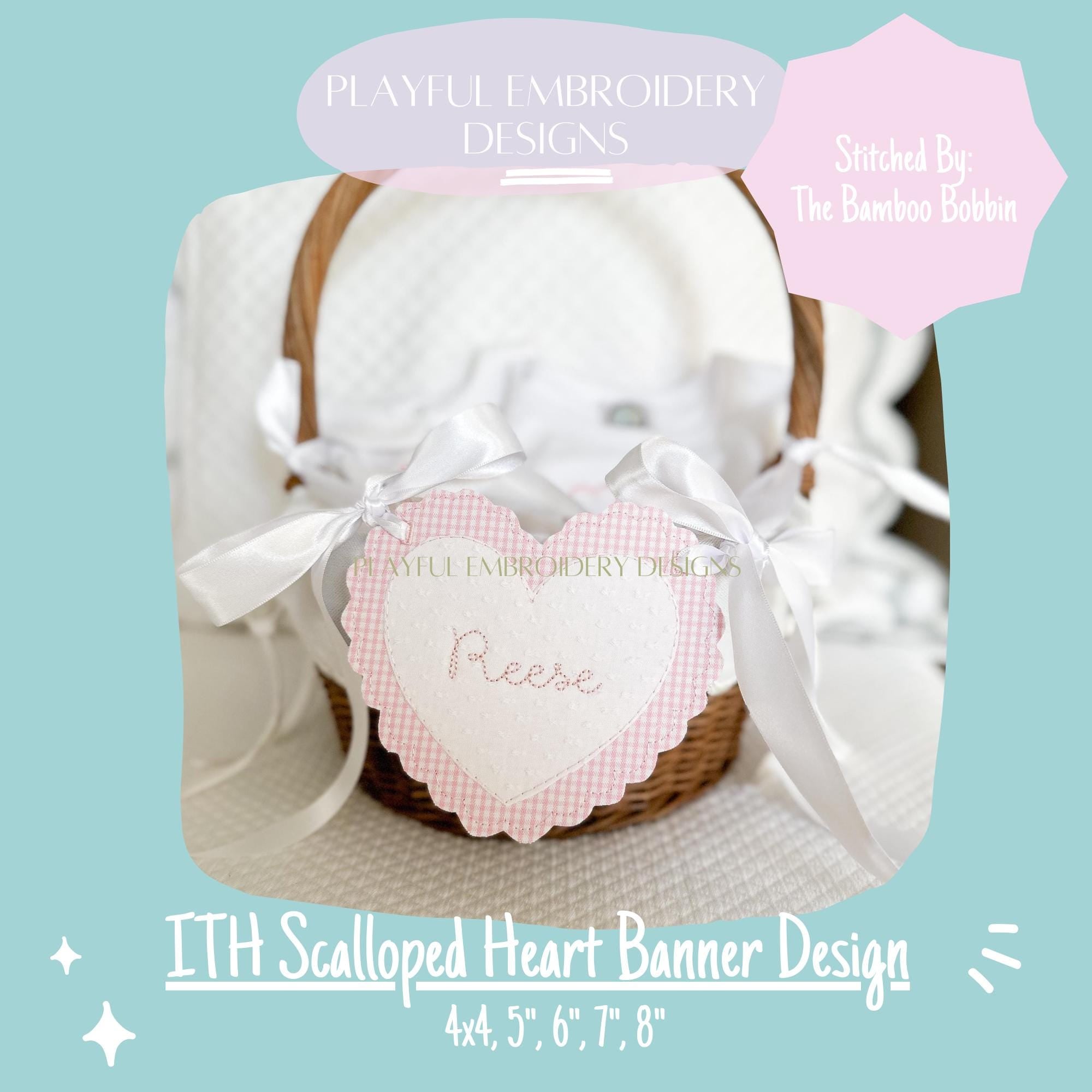 In The Hoop Scalloped Heart Banner Machine Embroidery Design, ITH Bean Stitch Scalloped Heart Banner Design, ITH Valentine Banner
