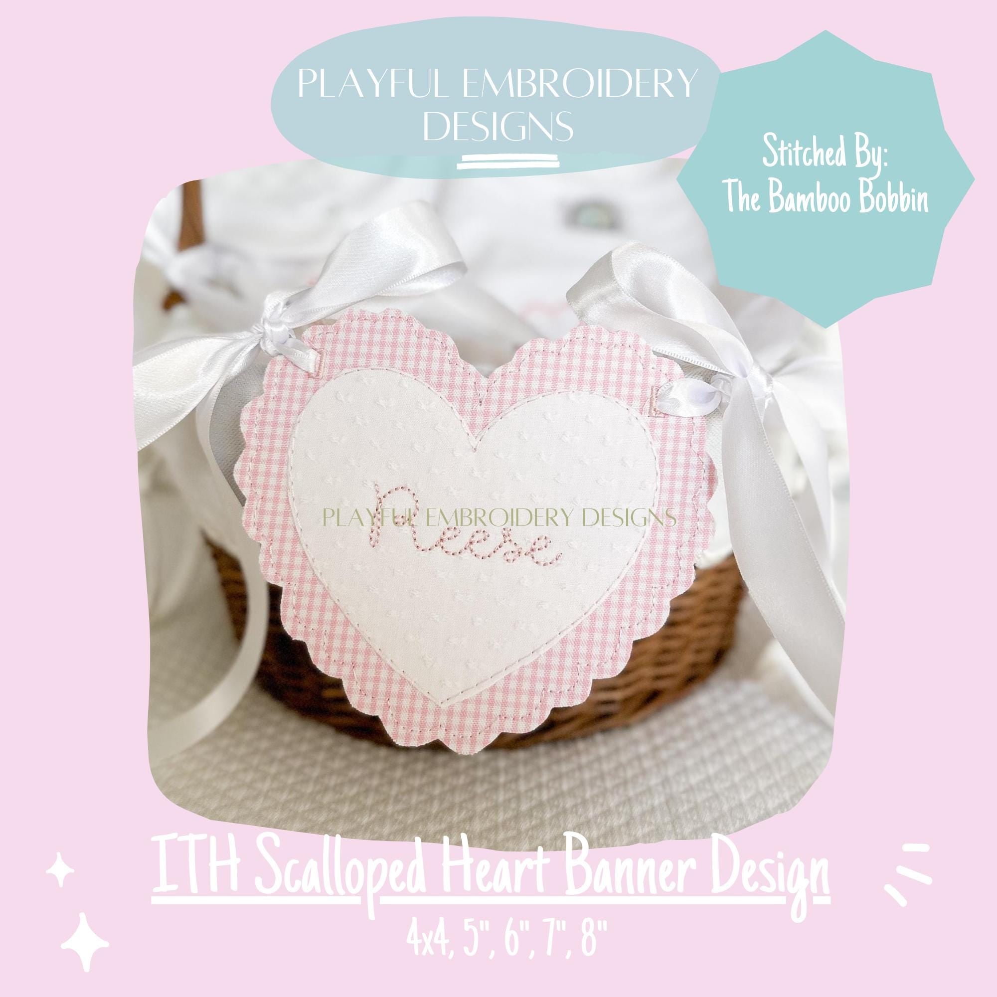 In The Hoop Scalloped Heart Banner Machine Embroidery Design, ITH Bean Stitch Scalloped Heart Banner Design, ITH Valentine Banner