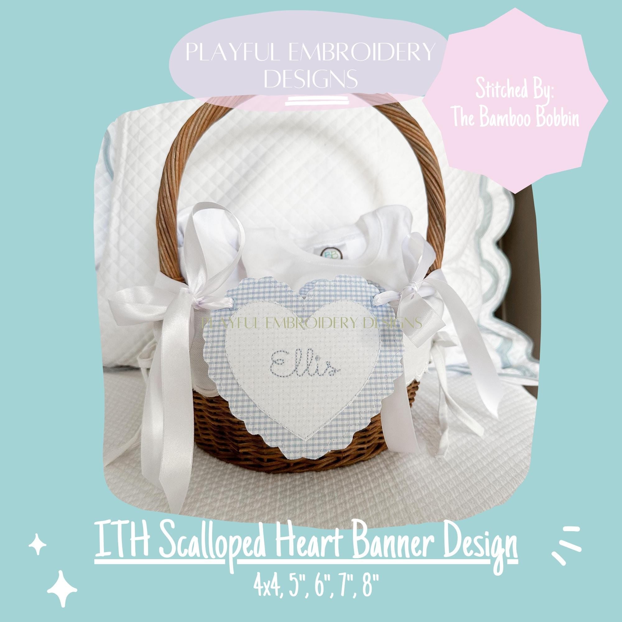 In The Hoop Scalloped Heart Banner Machine Embroidery Design, ITH Bean Stitch Scalloped Heart Banner Design, ITH Valentine Banner