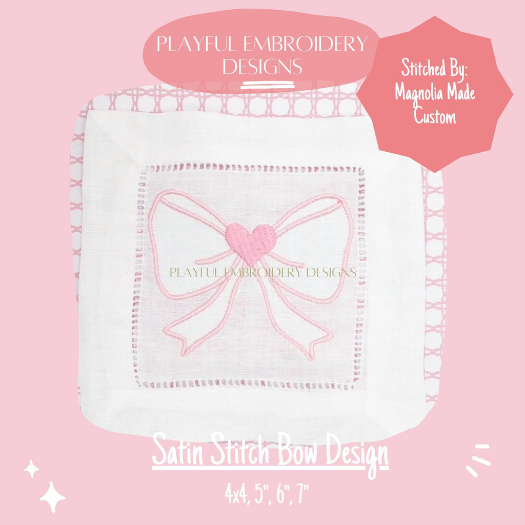 Satin Stitch Bow with Heart Embroidery Design, Bow Machine Embroidery Design, Valentines Heart Bow Design, Digital Download