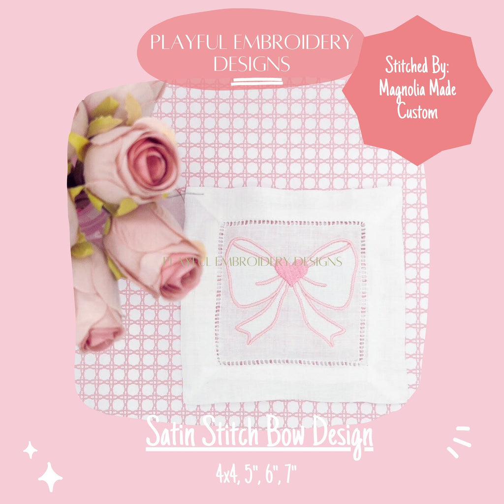 Satin Stitch Bow with Heart Embroidery Design, Bow Machine Embroidery Design, Valentines Heart Bow Design, Digital Download