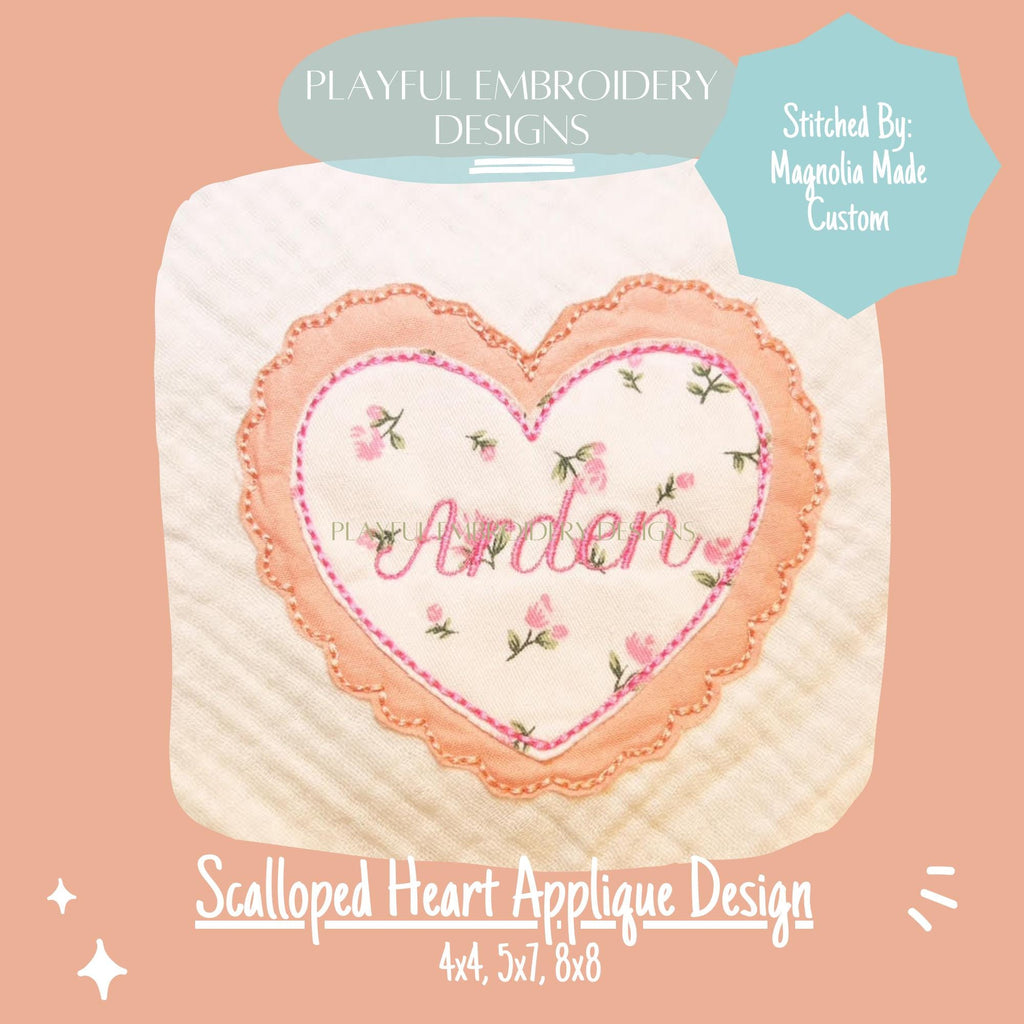 Scalloped Heart Bean Stitch Applique Design, Valentine's Applique Machine Embroidery Design, Valentine's Embroidery Design, Digital Download