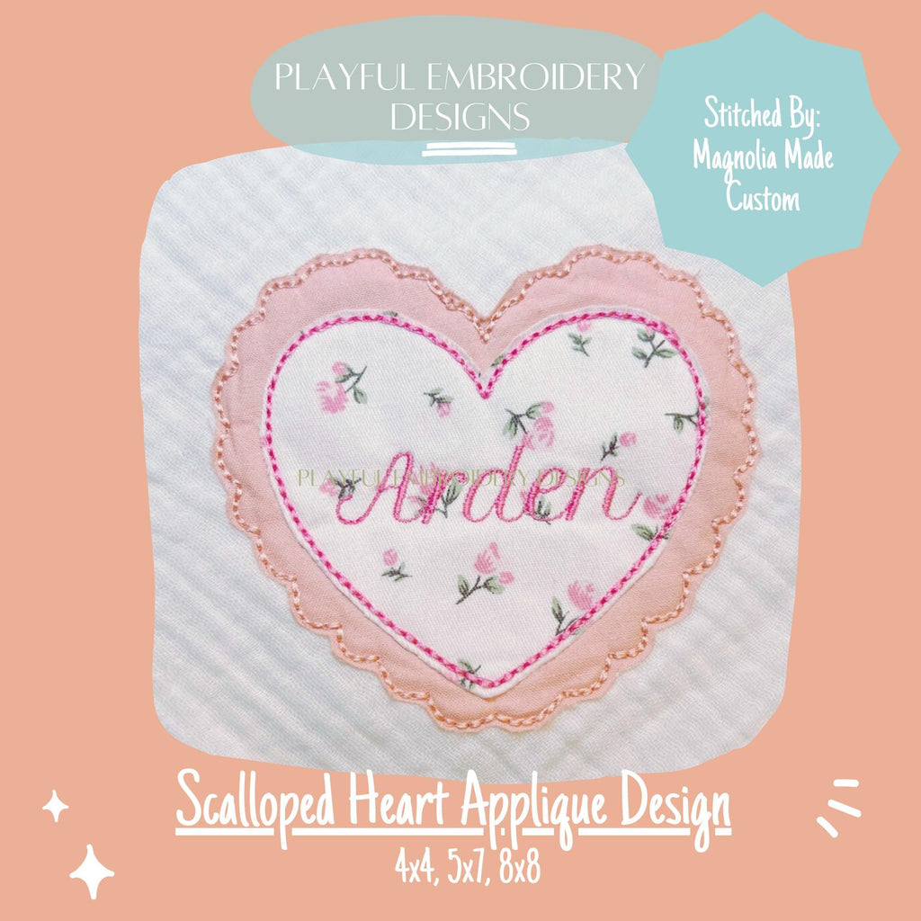 Scalloped Heart Bean Stitch Applique Design, Valentine's Applique Machine Embroidery Design, Valentine's Embroidery Design, Digital Download