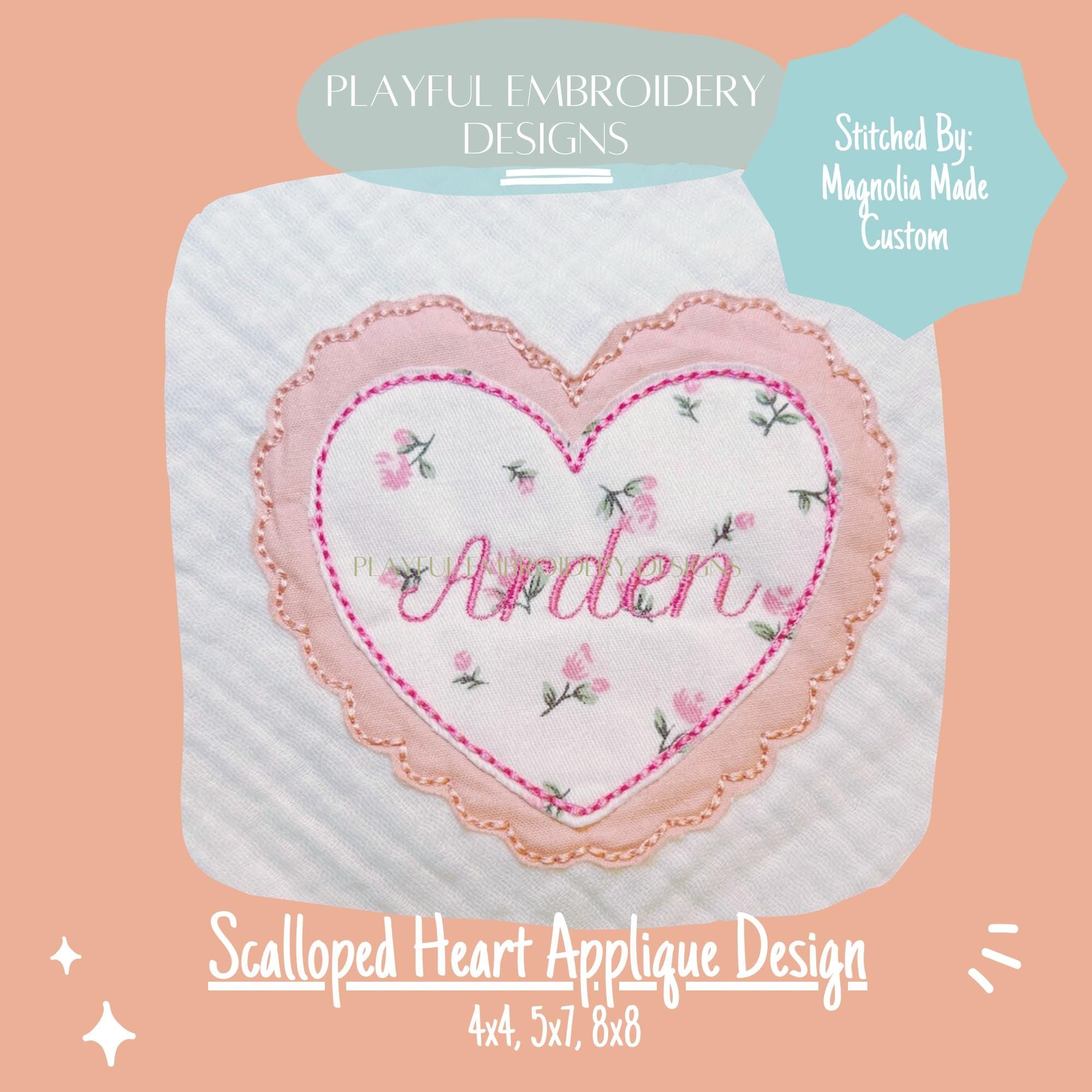 Scalloped Heart Bean Stitch Applique Design, Valentine's Applique Machine Embroidery Design, Valentine's Embroidery Design, Digital Download