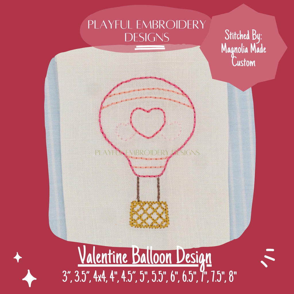 Valentine Hot Air Balloon Machine Embroidery Design, Bean Stitch Balloon with Hearts Design, Valentine Hot Air Balloon Embroidery Design