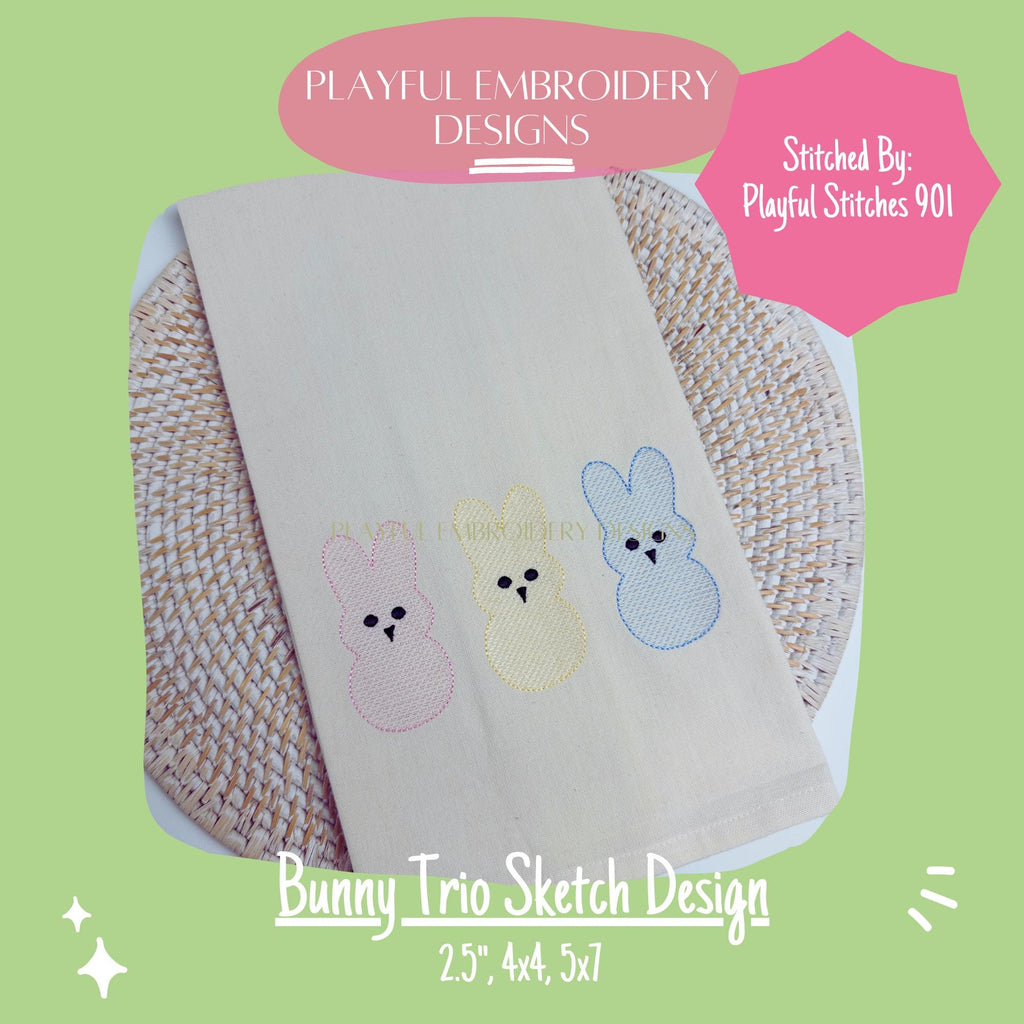 Sketch Bunny Trio Machine Embroidery Design, Bunny Trio Sketch Embroidery Design, Peep style Bunny, Easter Bunny Design, Quick Design