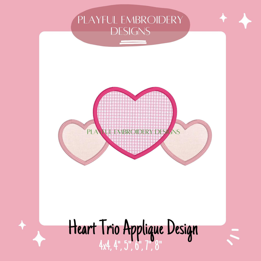 Heart Trio Applique Design, Valentine's Applique Machine Embroidery Design, Heart Trio Embroidery Design, Satin Stitch Heart Applique Design