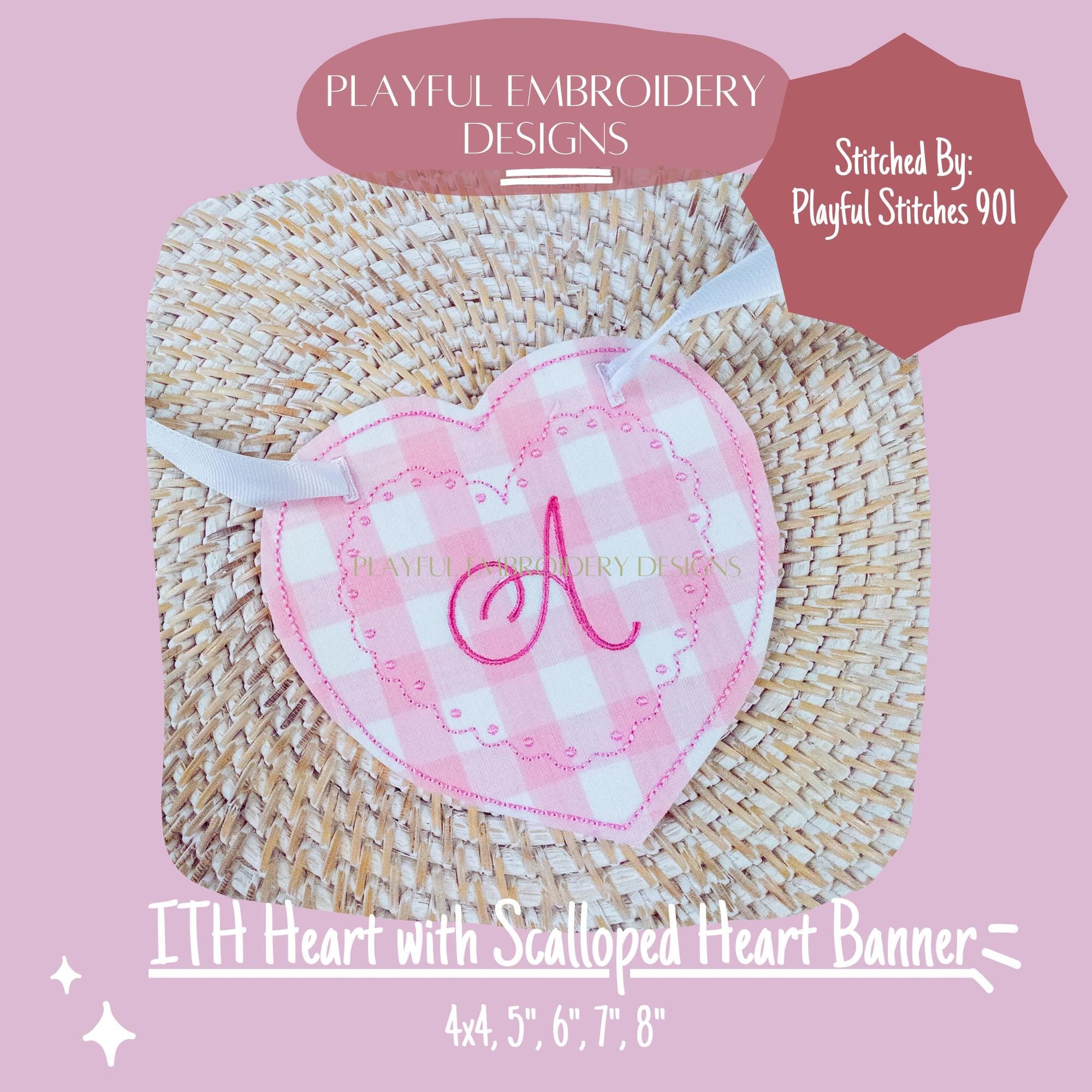 In The Hoop Heart Banner Machine Embroidery Design, ITH Bean Stitch Scalloped Heart Banner Design, ITH Valentine Banner