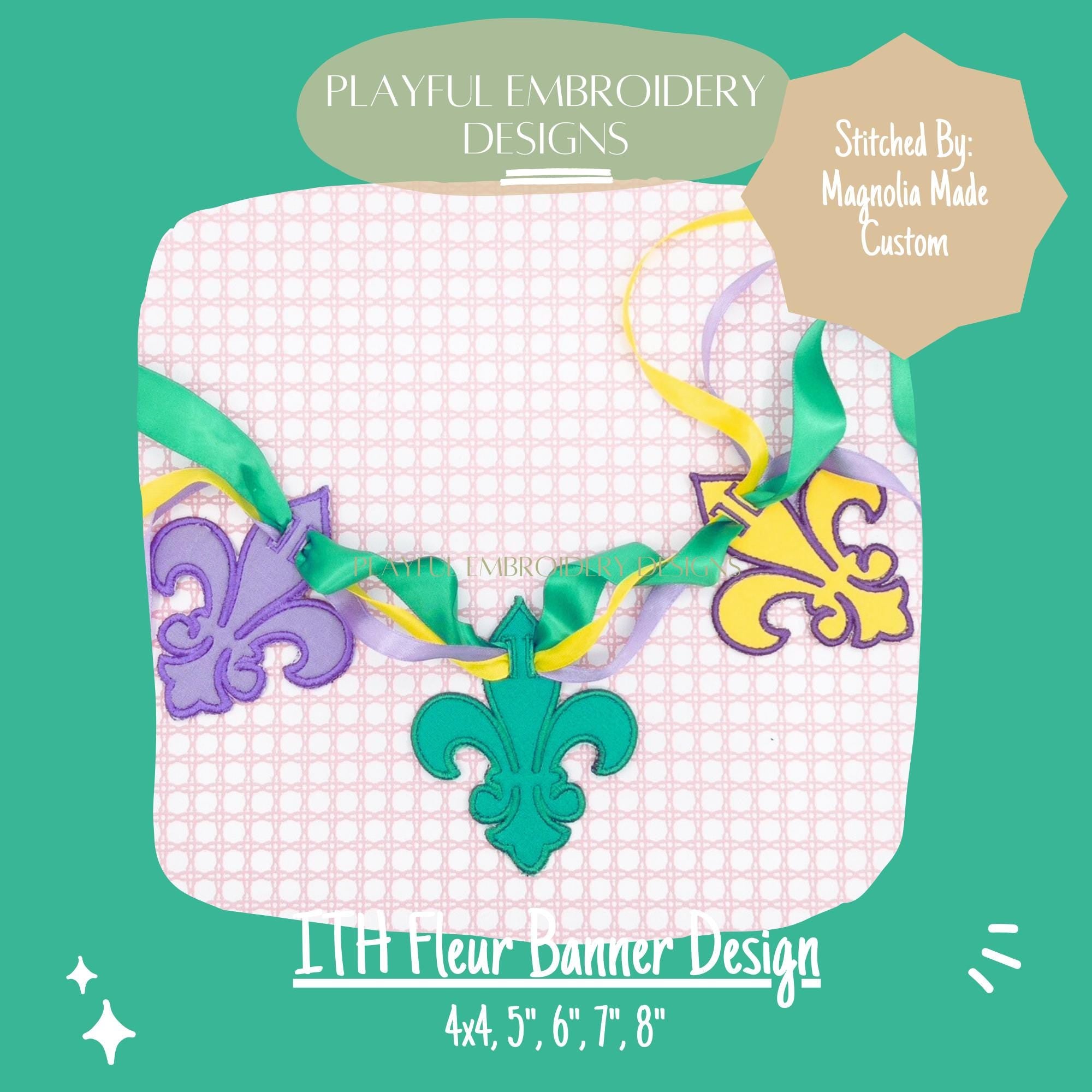 In The Hoop Fleur Banner Machine Embroidery Design, ITH Fleur De Lis Banner Design, ITH Mardi Gras Design, ITH Satin Stitch Banner