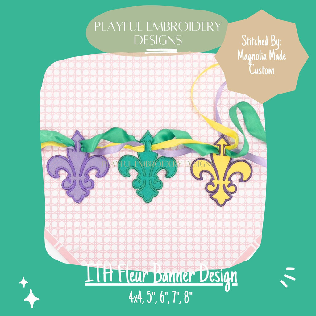 In The Hoop Fleur Banner Machine Embroidery Design, ITH Fleur De Lis Banner Design, ITH Mardi Gras Design, ITH Satin Stitch Banner