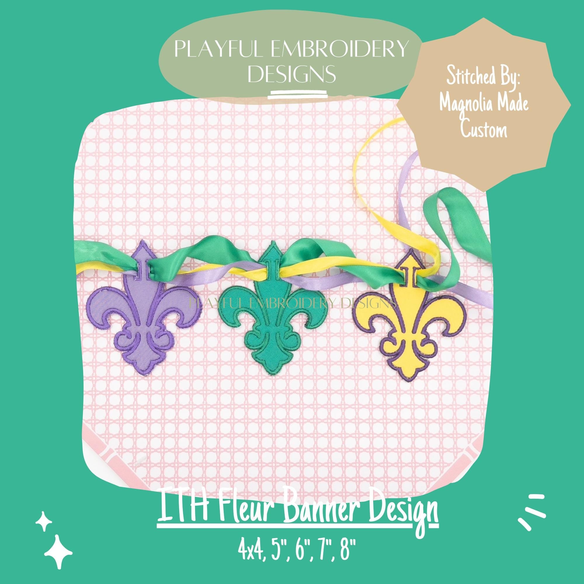 In The Hoop Fleur Banner Machine Embroidery Design, ITH Fleur De Lis Banner Design, ITH Mardi Gras Design, ITH Satin Stitch Banner